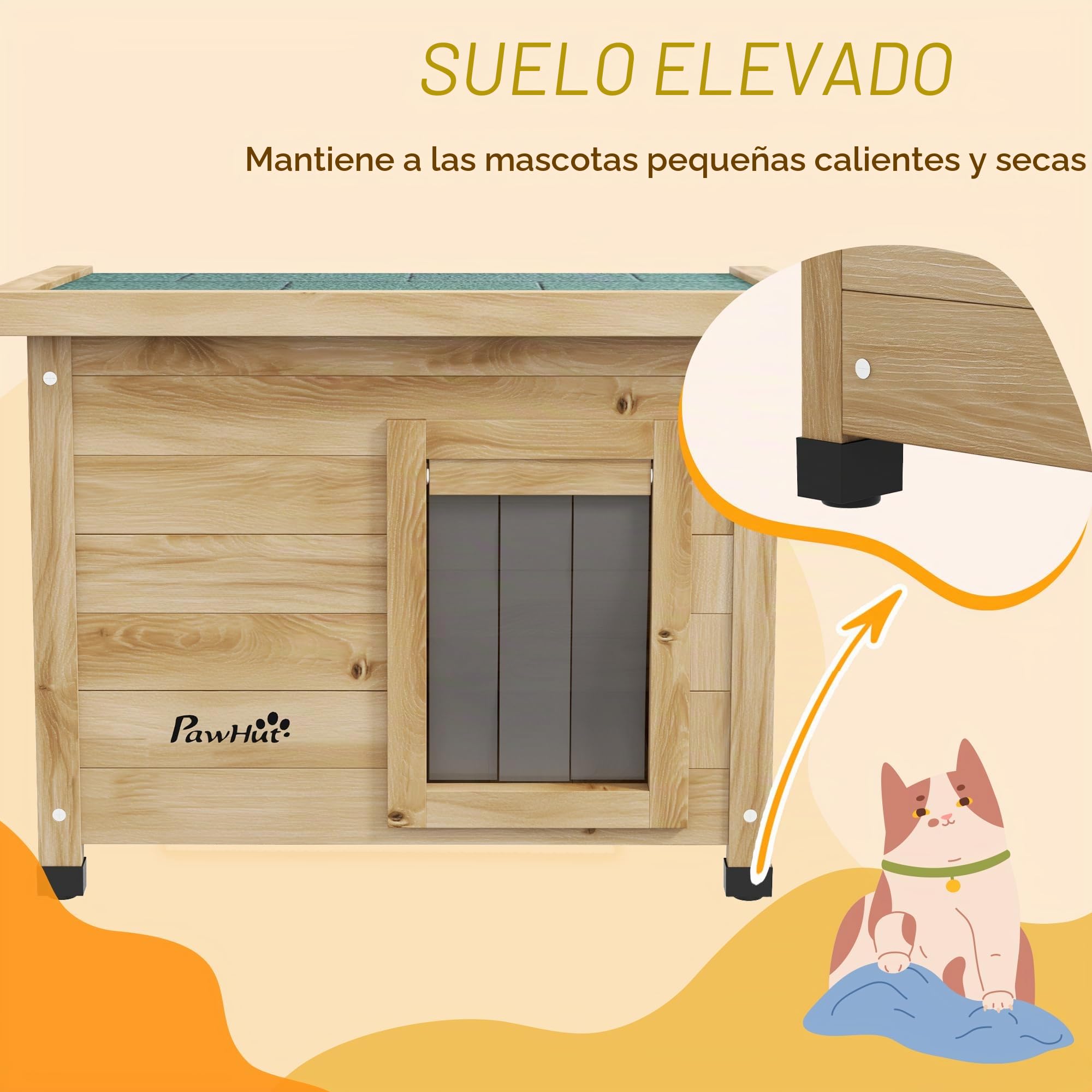 PawHut Casa Madera Gatos Exterior Invernal 57x45x43cm Amarillo
