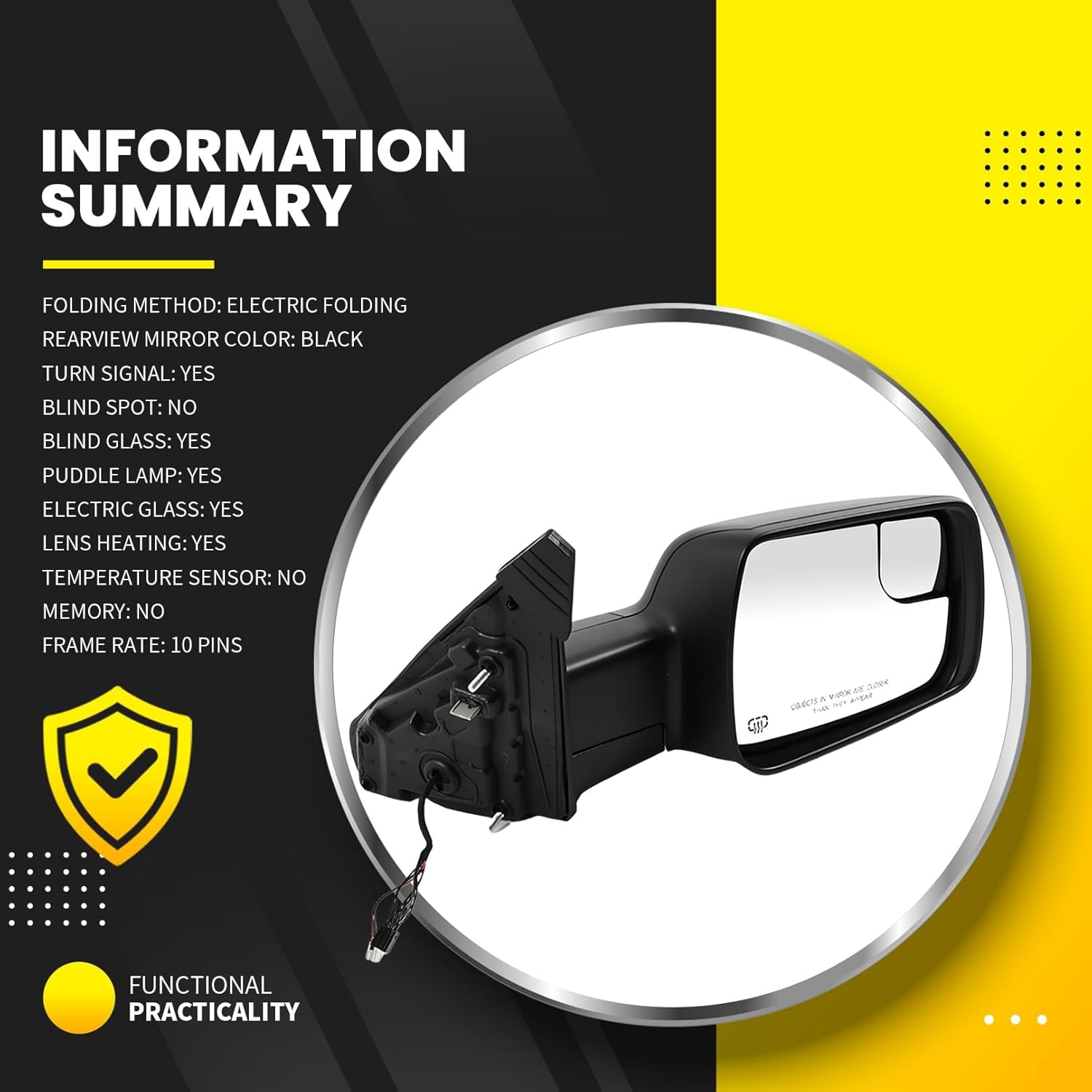 Right Side Mirror Assembly Compatible with Ram 1500 2019-2025 Passenger Heated Power Folding Blind Spot Glass urn Signal Light Puddle Light Matte Black 68276500AH (Right 10Pins)