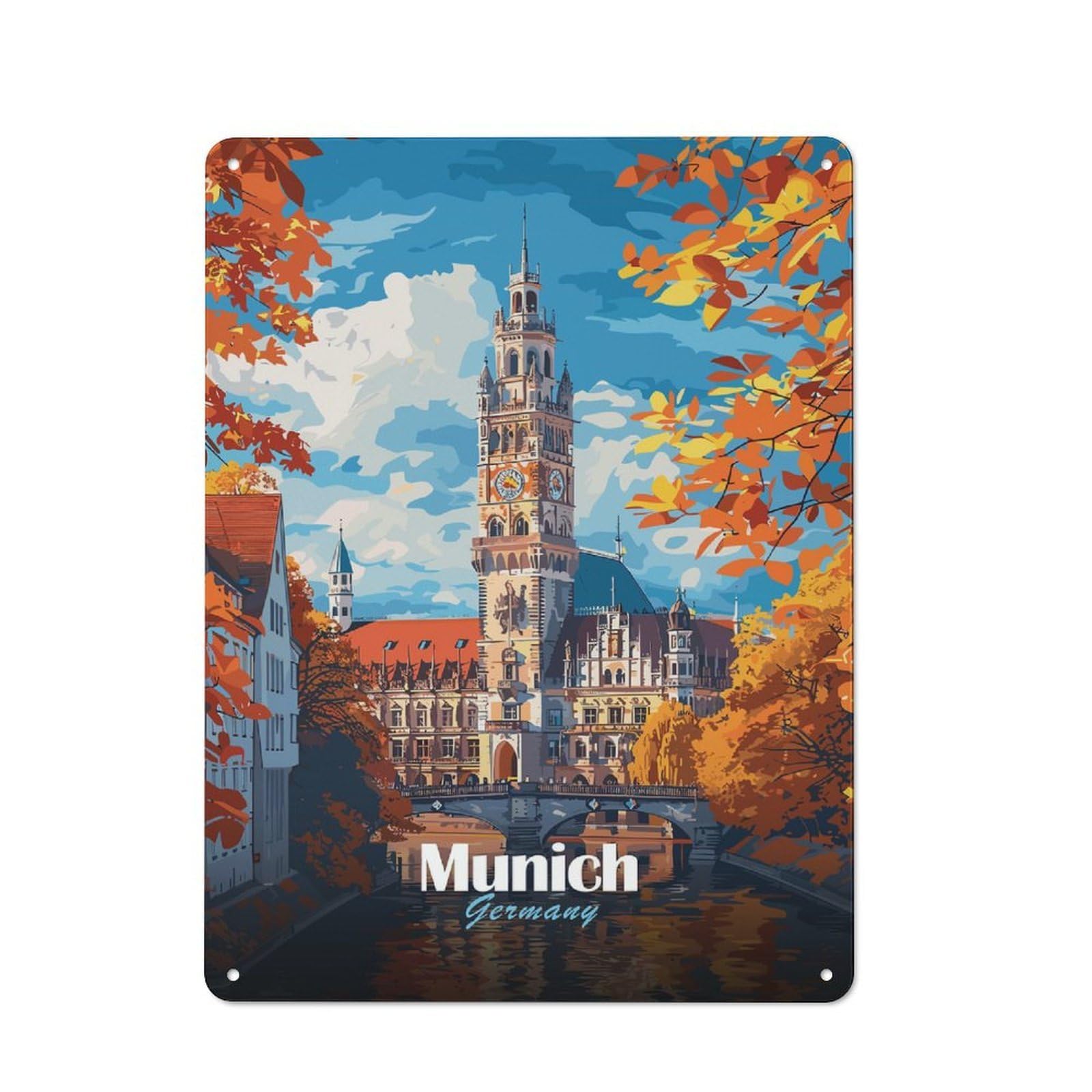 Junmoney Munich Cityscape Painting Tin Wall Plaque 40X30cm With For Workshop Wall, Suited To Workshop Decor Fans, For Retro Home Interiors