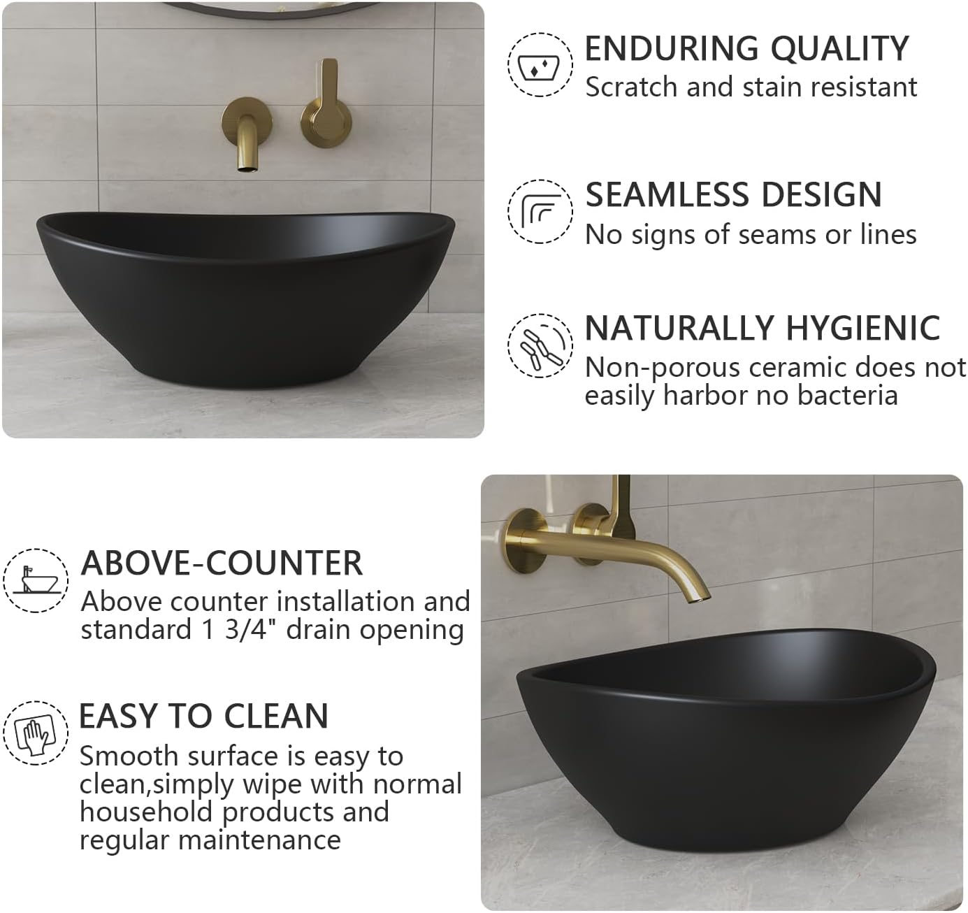 DeerValley DV-1V0011 Horizon Black Bathroom Sink, 16"x13" Oval Bathroom Vessel Sink Above Counter Vanity Ceramic Sink