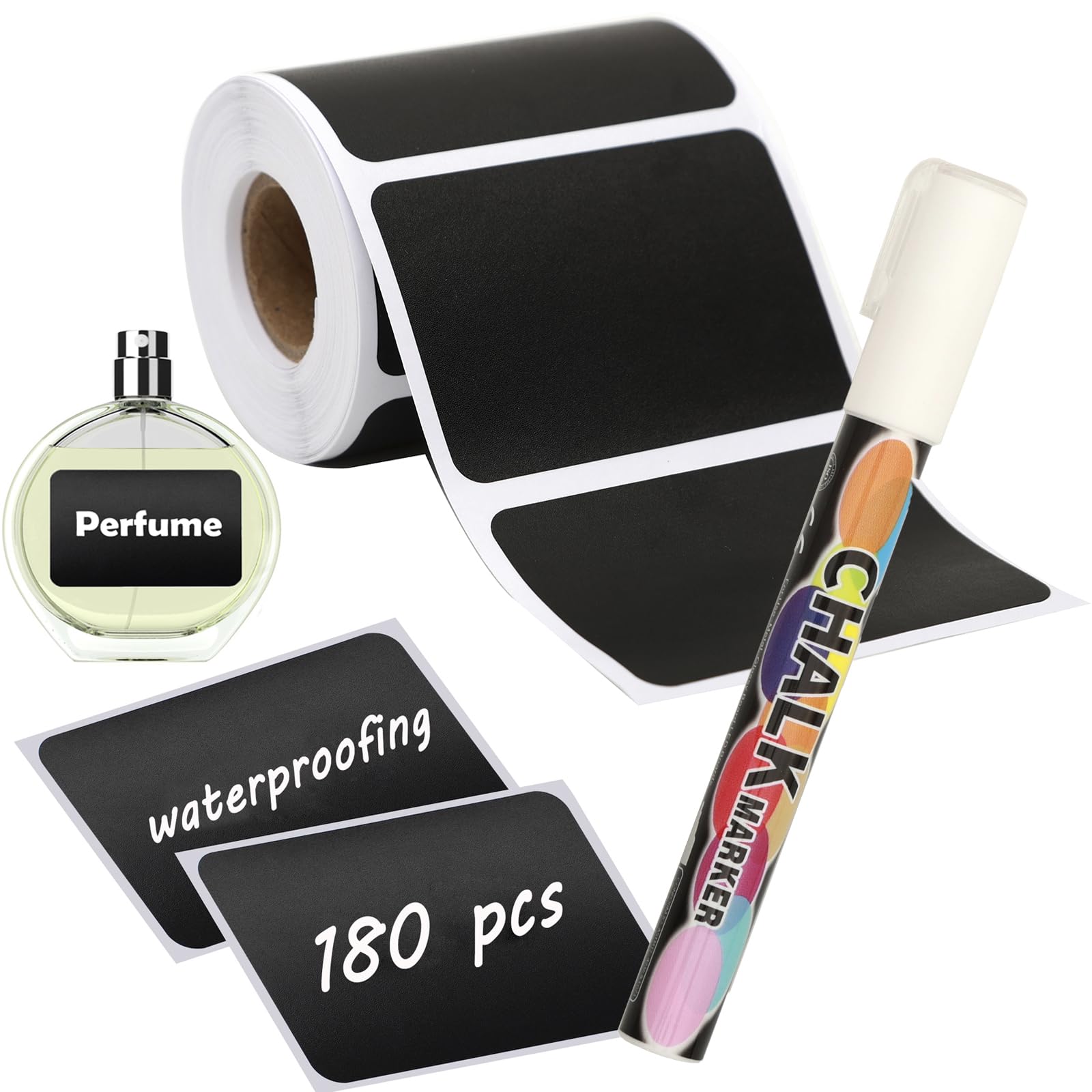 NANXJIUR 180 Pcs Chalkboard Labels, Reusable Blackboard Stickers with 1 Liquid Chalk Marker