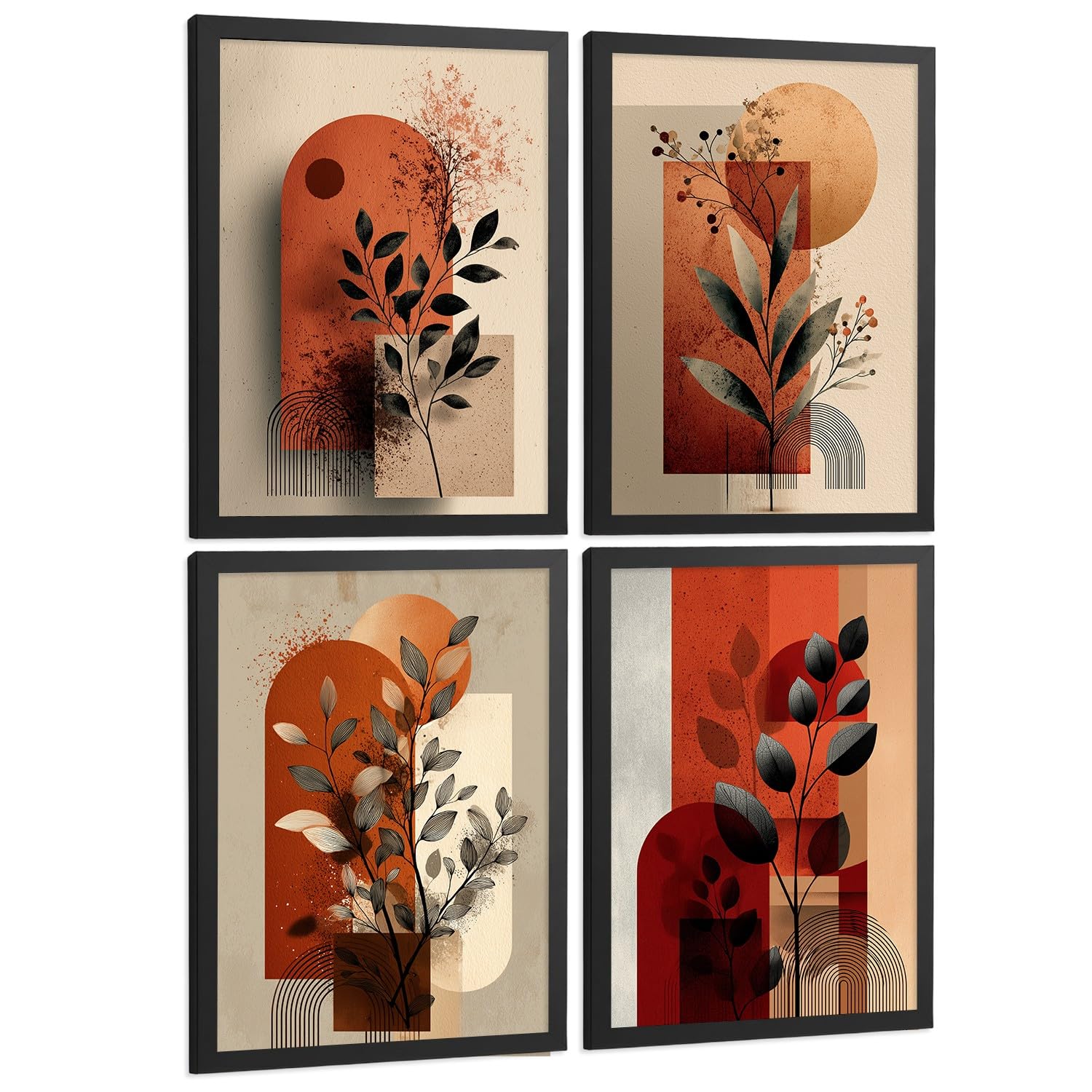 Nacnic Set De 4 Laminas Decorativas Flores Abstractas Cuadros Salon Modernos - Posters Decorativos Rojos Naranjas Decoración Dormitorios Cocina Baño A4 Black Frame