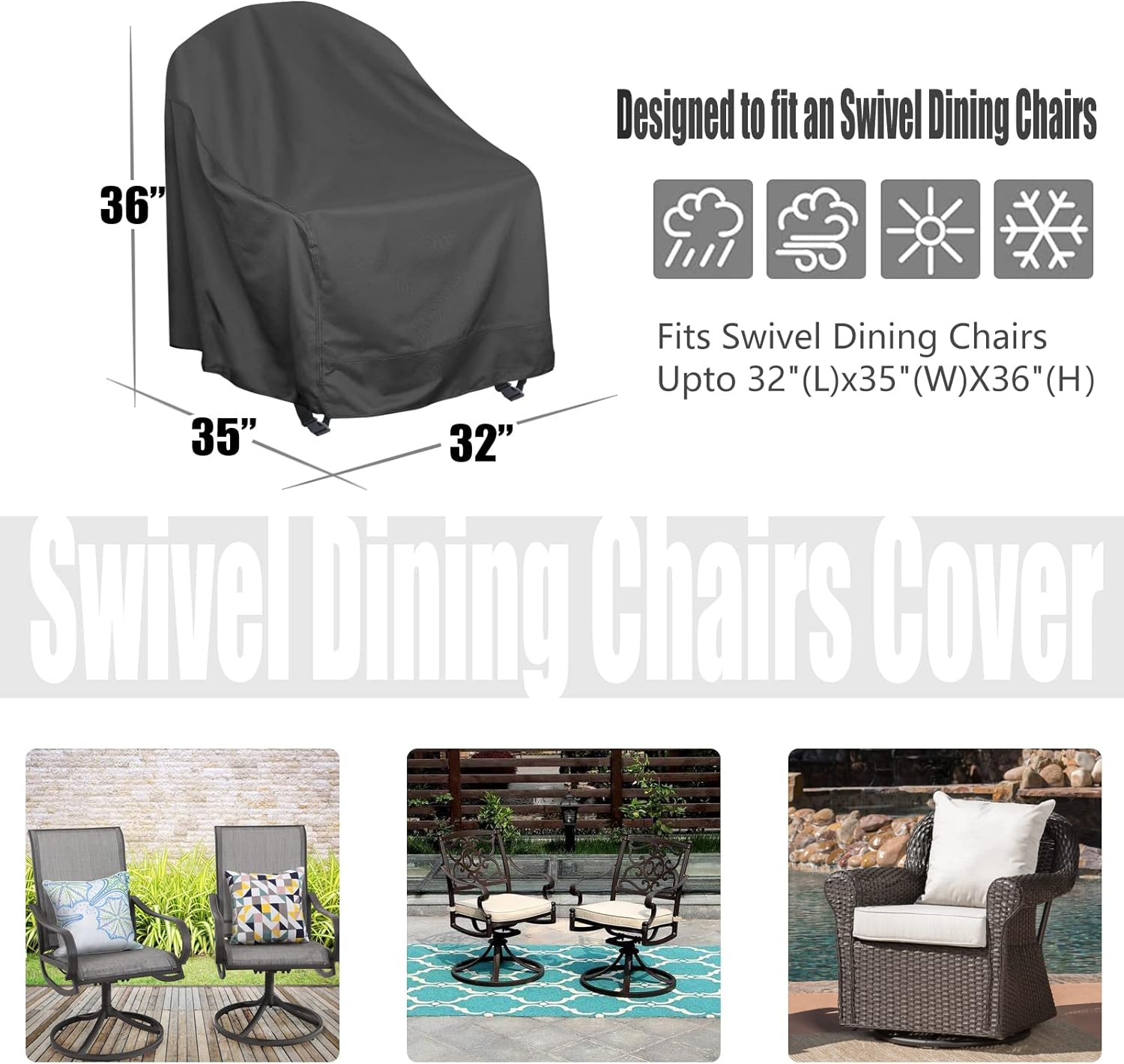 Outdoor Swivel Lounge Chair Cover 2 Pack, Fits Most Lawn Patio Chairs /Swivel Dining Chair (32'' Lx35'' Wx36'' H) ,480D Oxford Cloth Water-Resistant,Black, JJZ-01