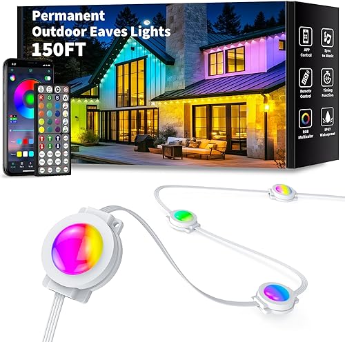 Miniatura 10 de Luces permanentes para exteriores de 100 pies, impermeables, luces RGB inteligentes con aplicación/control remoto, modos de escena de bricolaje,