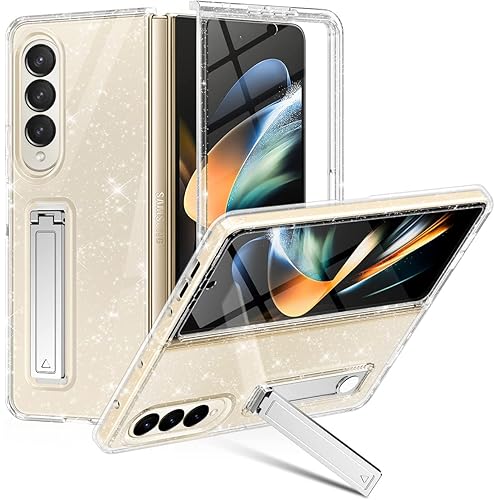 Btscase for Samsung Galaxy Z Fold 4 Case, Built-in Screen Protector with Adjustable Magnetic Kickstand, Full Body Dual Layer Rugged Shockproof Protective Cover for Galaxy Z Fold 4 5G, Clear Glitter