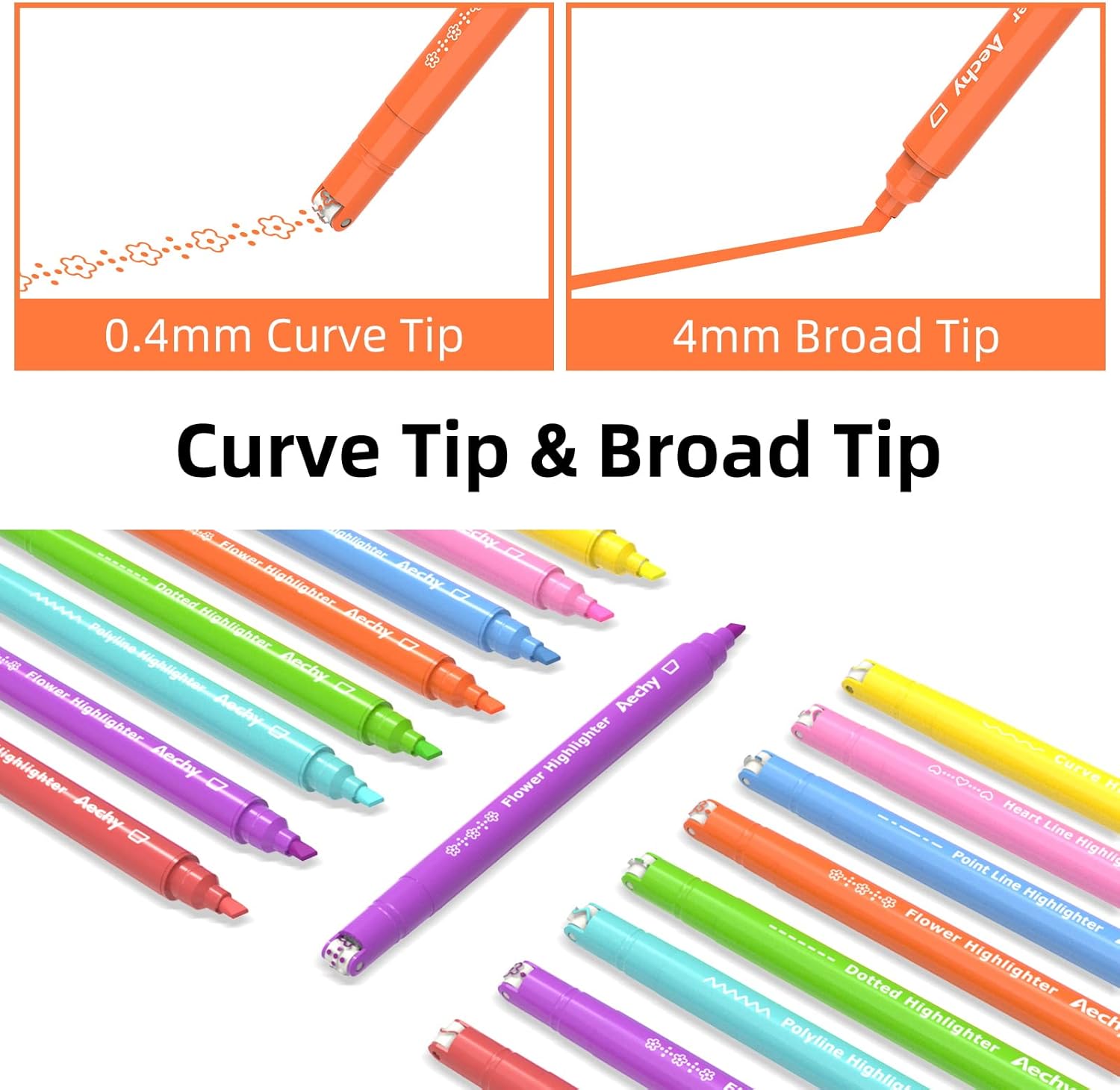 AECHY Curve Highlighter Pen Set, Dual Tip Marker Pens with 6 Different Curve Shapes & 8 Colors Mark Lines, Aesthetic Curve Marker Highlighter with Chisel Tip for Journal Planner School Supplies : Office Products
