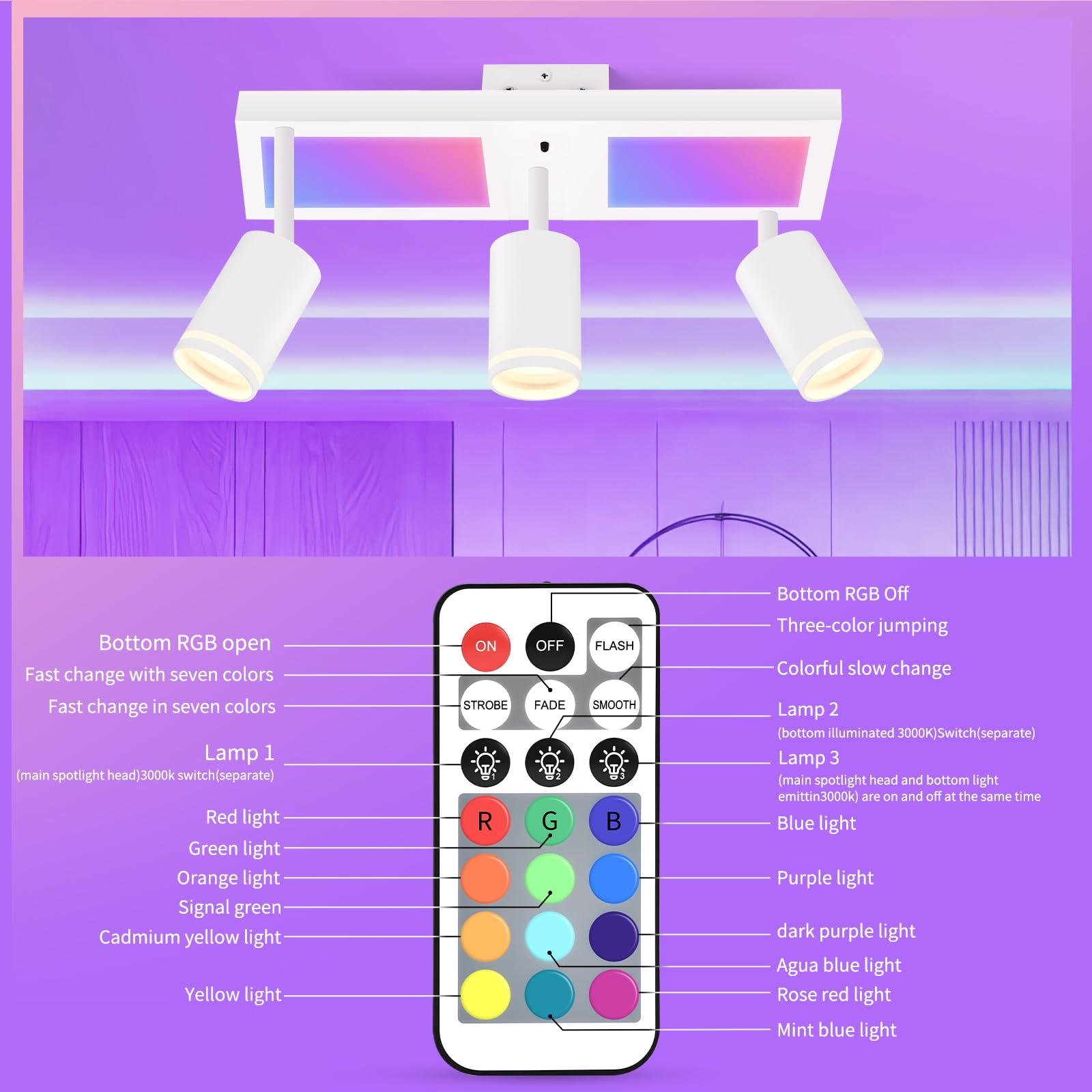 YindaLux LED Ceiling Light 3 Spots Dimmable with Remote Control, RGB 25W 2850LM Ceiling Spotlights GU10 Swivel - Image 4