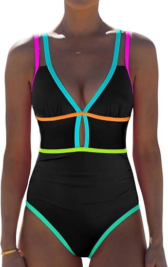 popvil Women One Piece Swimsuit 2025 Tummy Control Sexy Cutout Neon Color Block Deep V Neck Adjustable Swimwear