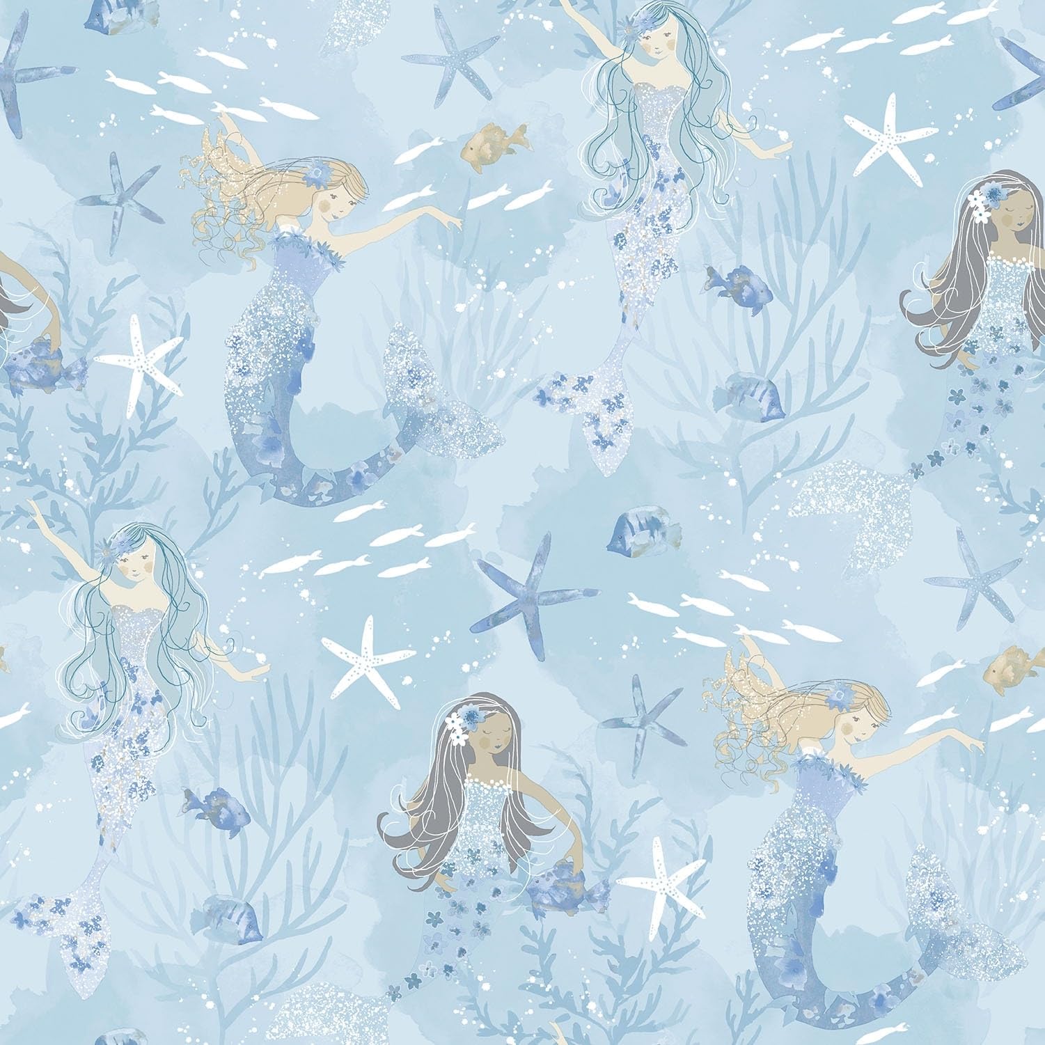 G78388 - Tiny Tots 2 Mermaids Blues Purple Glitter Galerie Wallpaper