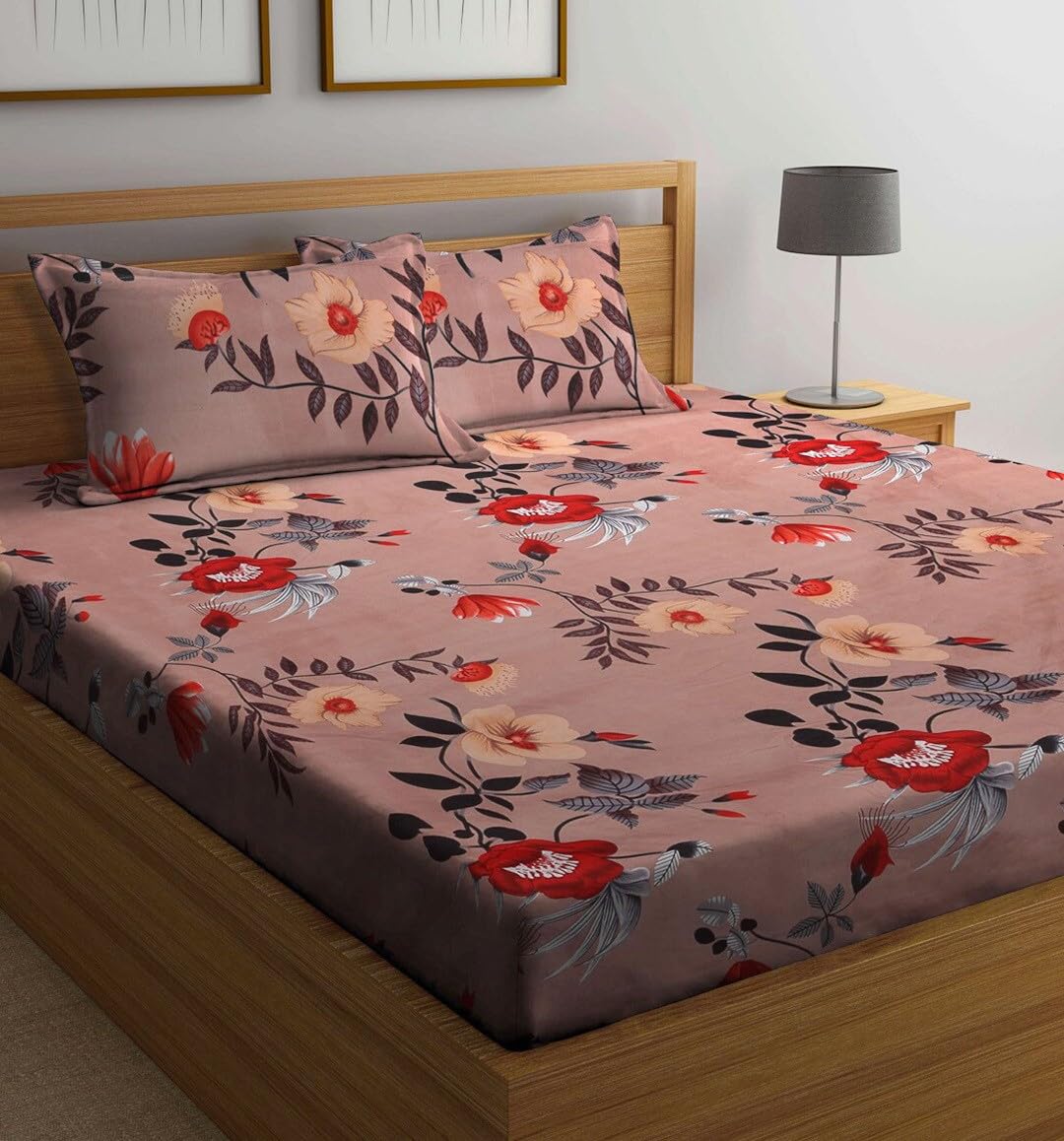 LOOMLYFE 300 TC Microfiber XXL Soft Cotton Super King Size Bedsheet for Double Bed, King Size 108 Inches X 108 Inches, 9 Feet, 275 X 275 cm with 2 Large Size Pillow Covers - BrownFlowers