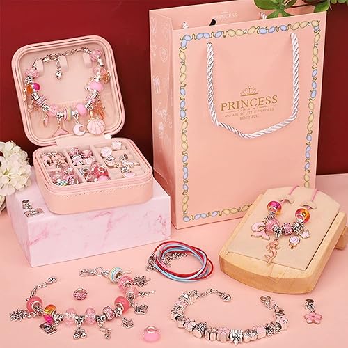 Kit de fabricación de pulseras con dijes para niñas la caja de regalo contiene 66 piezas de kit de fabricación de joyas para niñas de 6 a 12 años