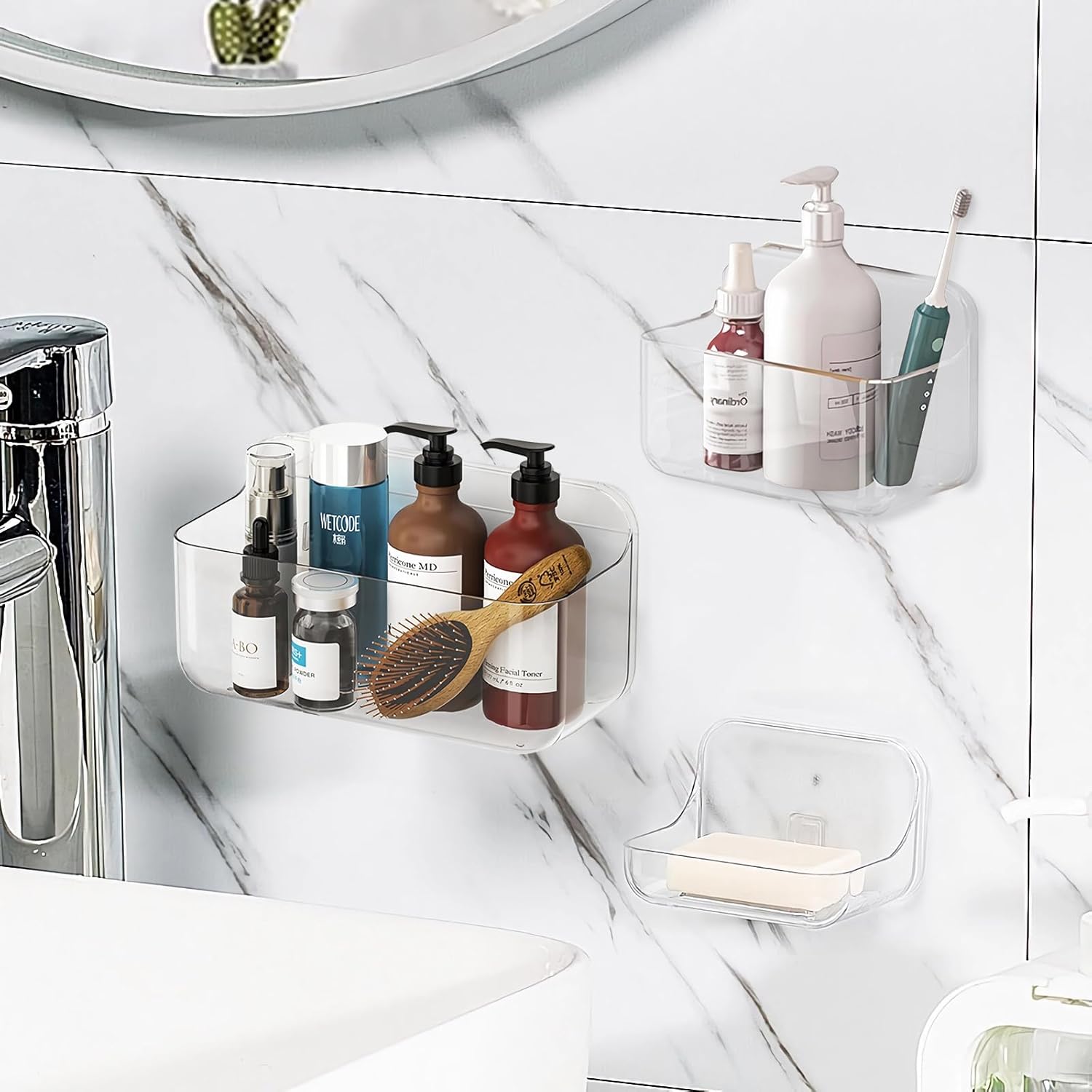 Diesisa 3pc Acrylic Wall Mount Organizer, Adhesive Clear Shower Caddies,Acrylic Soap