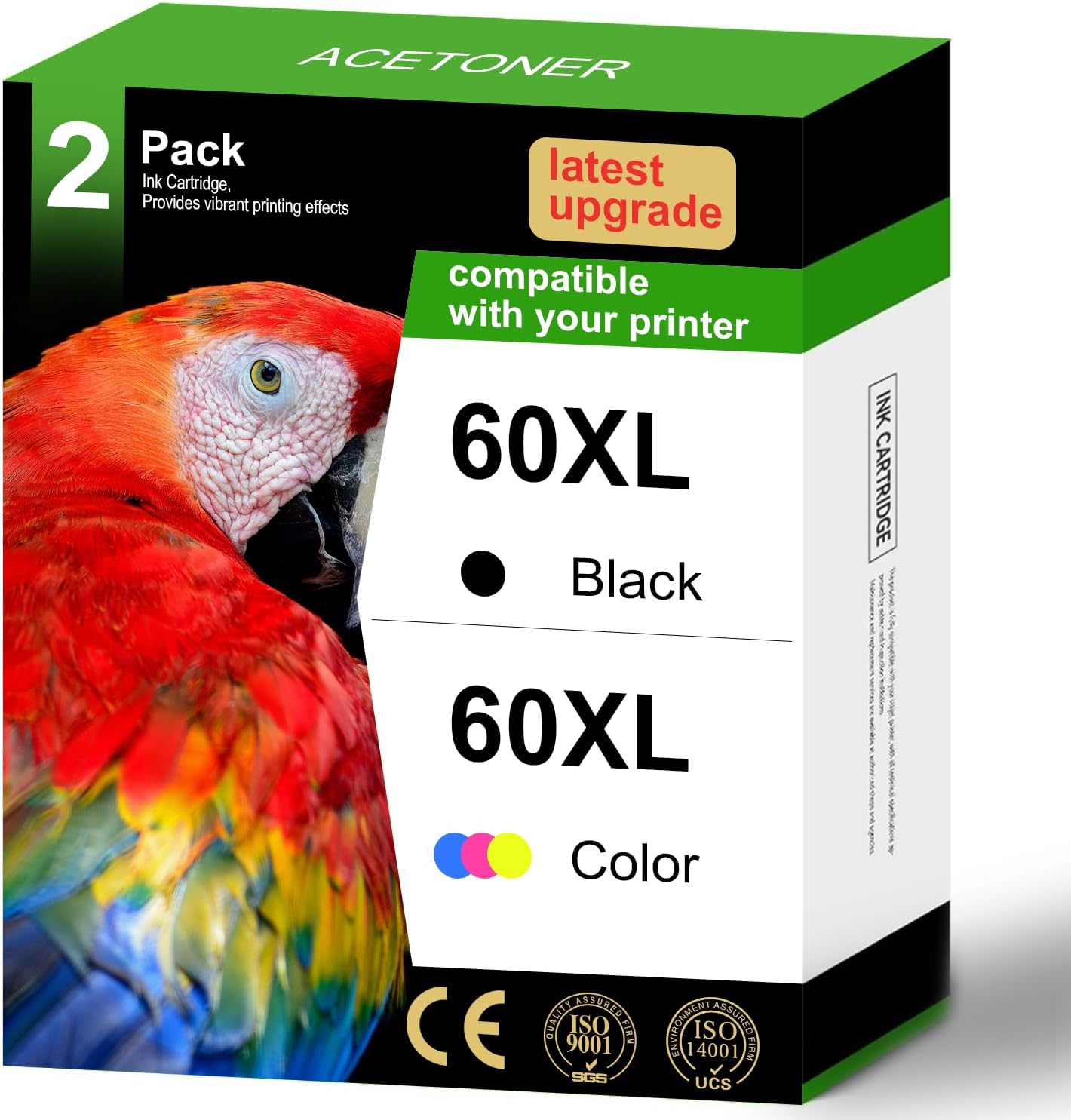 60XL Ink Cartridges Combo Pack Replacement for HP 60 60 XL High Yield Work for PhotoSmart C4780 C4680 C4795 C4640 Deskjet F4480 F4440 F2430 Envy 110 120 111 114 (1 Black, 1 Tri-Color)