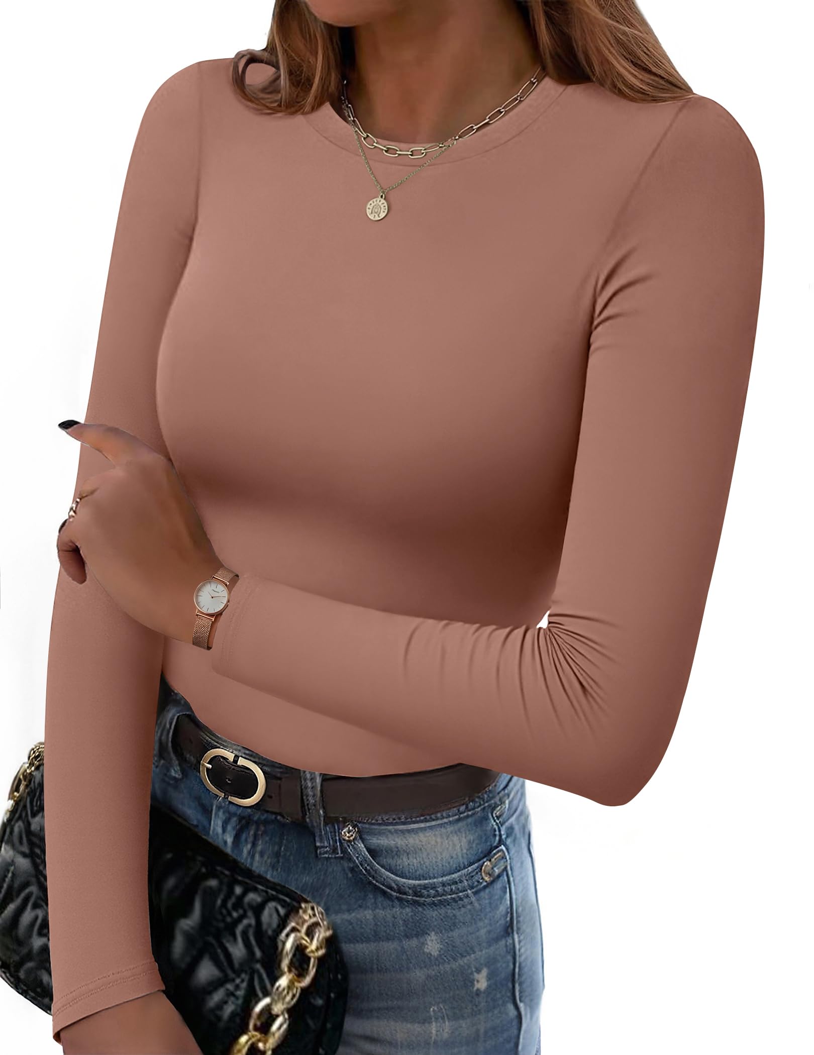 Hotouch Langarmshirt Damen Basic Slim Fit T-Shirt Casual Rundhals Tops Elegant Stretch Oberteil Einfarbig Longshirt XS-XL