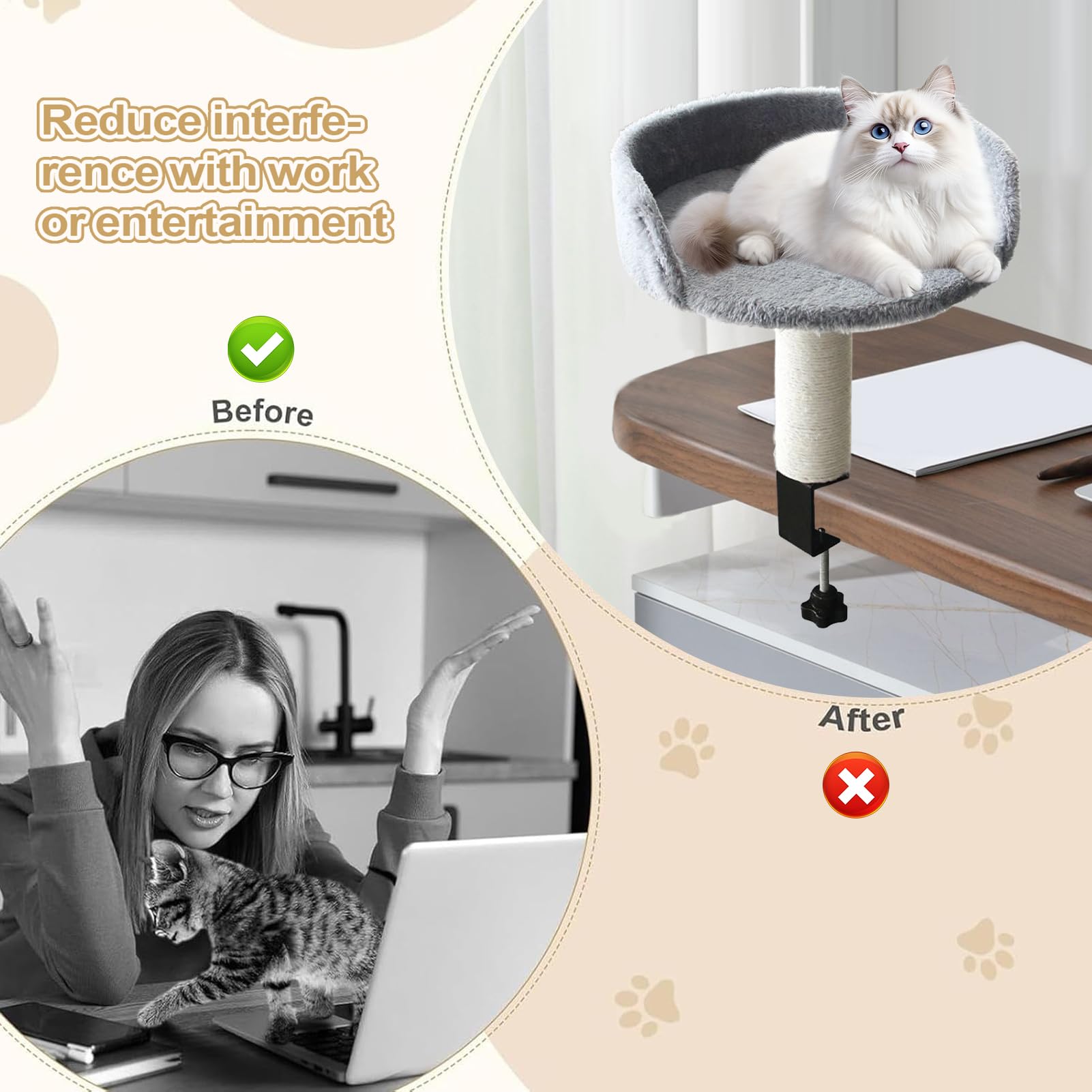 Cama para Gatos Montada En Escritorio Extraíble - Cama para Gatos Que Se Sujeta Al Escritorio - Colchón Suave Cómodo para Interior Dormitorio Sala Apartamento Hogar Mascotas Felinos