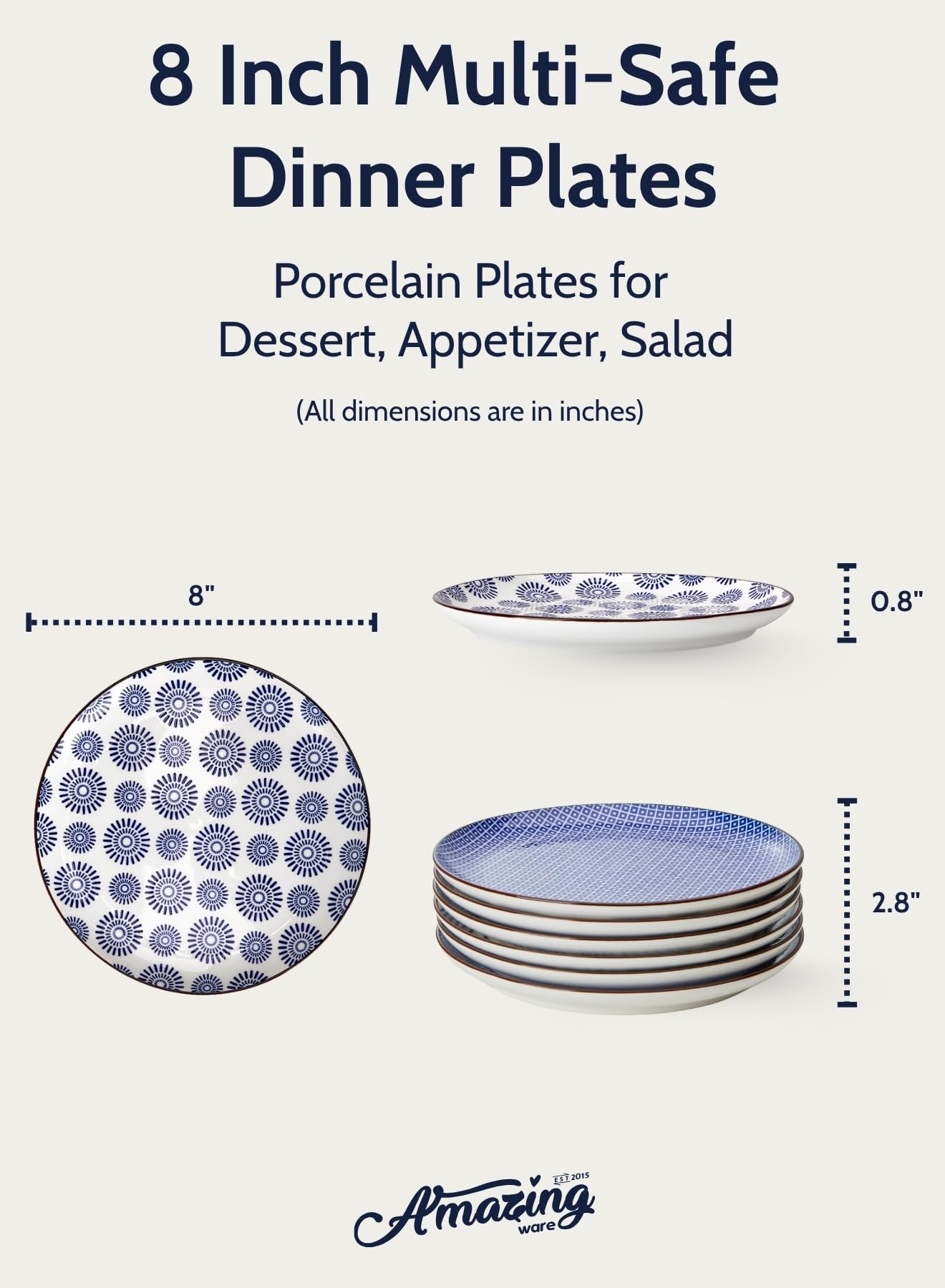 Porzellan-Dessertteller, Vorspeisenteller, Salatteller, kleine Teller, spülmaschinen-, mikrowellen- und ofenfest (Vintage-Blau, 20,3 cm)