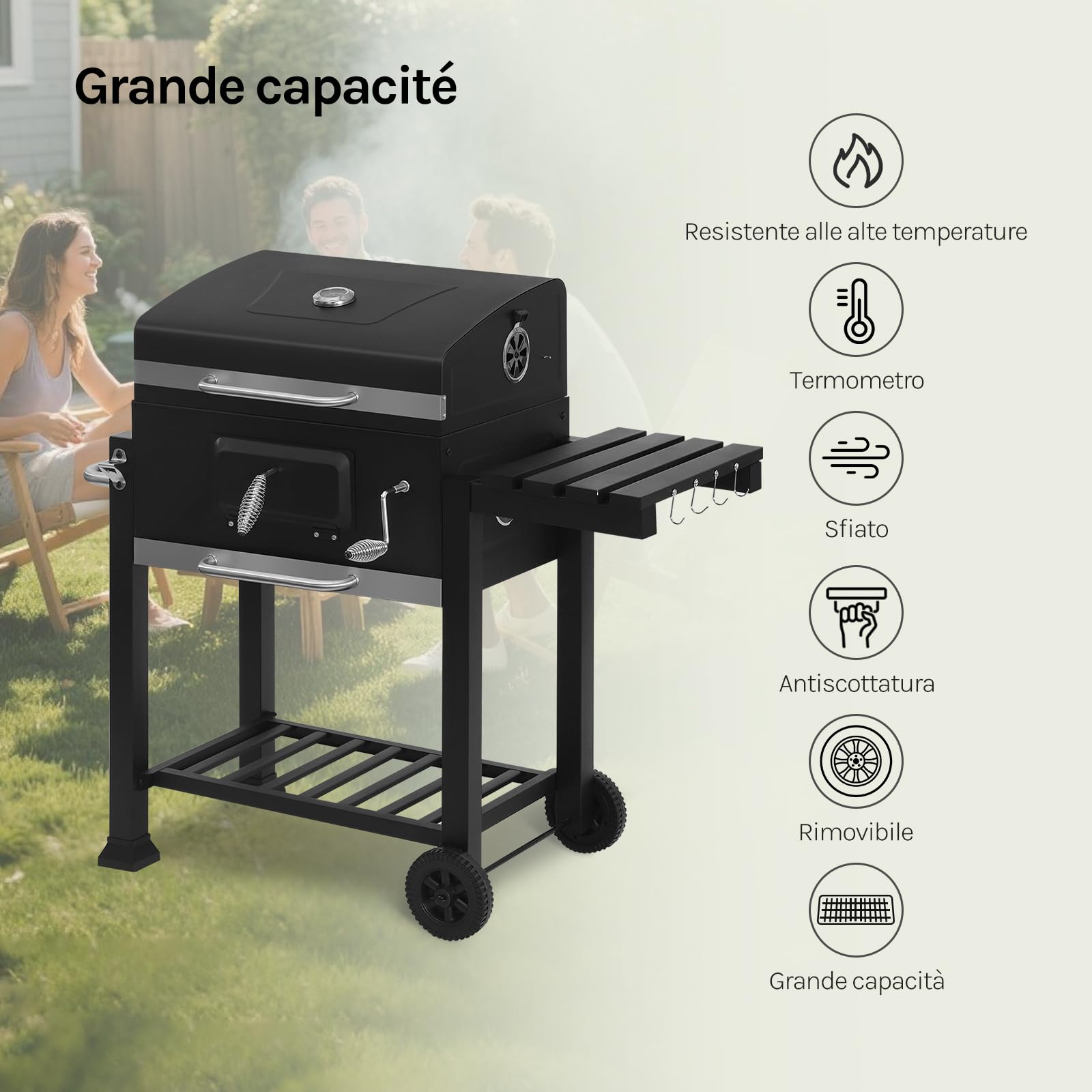 WOLTU Barbecue Portatile a Carbonella, Griglia a Carbone, Coperchio e Termometro, con Ruote e Ripiani, Carrello per Barbecue da Campeggio, Picnic e all'Aperto, 117x71x107cm, Nero