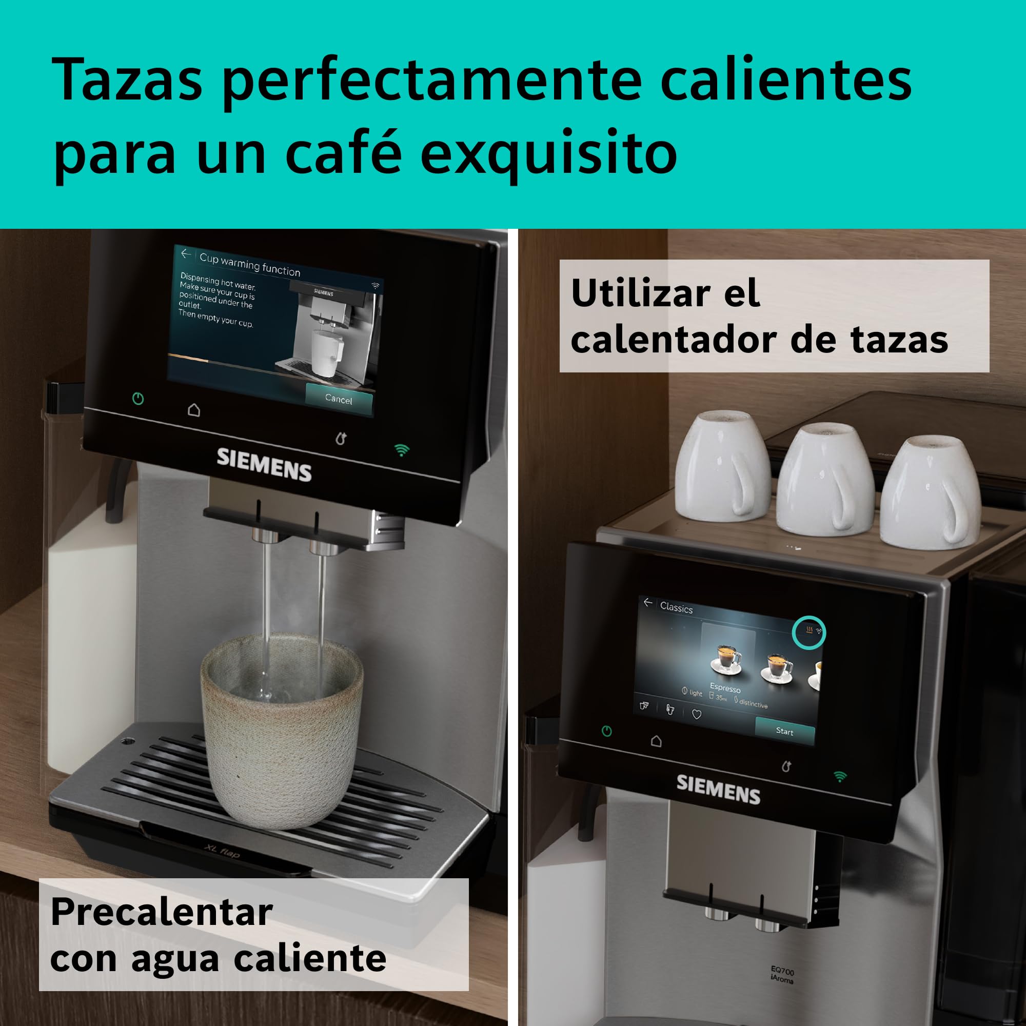 SIEMENS, Cafetera Superautomática, EQ700 iAroma, pantalla táctil, depósito de leche integrado, calentador de tazas, Cold Brew y Slow Brew, app Home Connect, acero inoxidable negro, TQ727E03