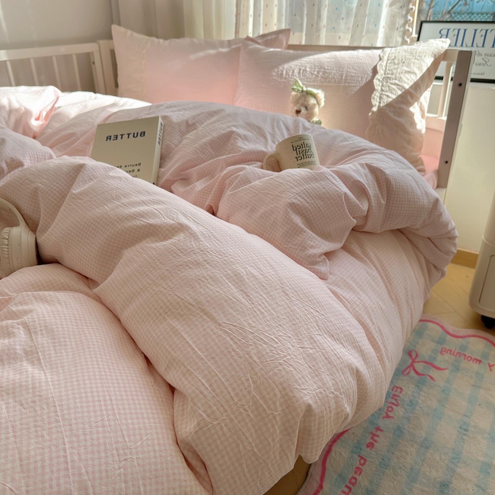VM VOUGEMARKET Pink Duvet Cover with White Lace Twin Kids Pink Plaid Gingham Duvet Cover Set for Girl's College Dorm Soft Lightweight Cozy Bedding Set
