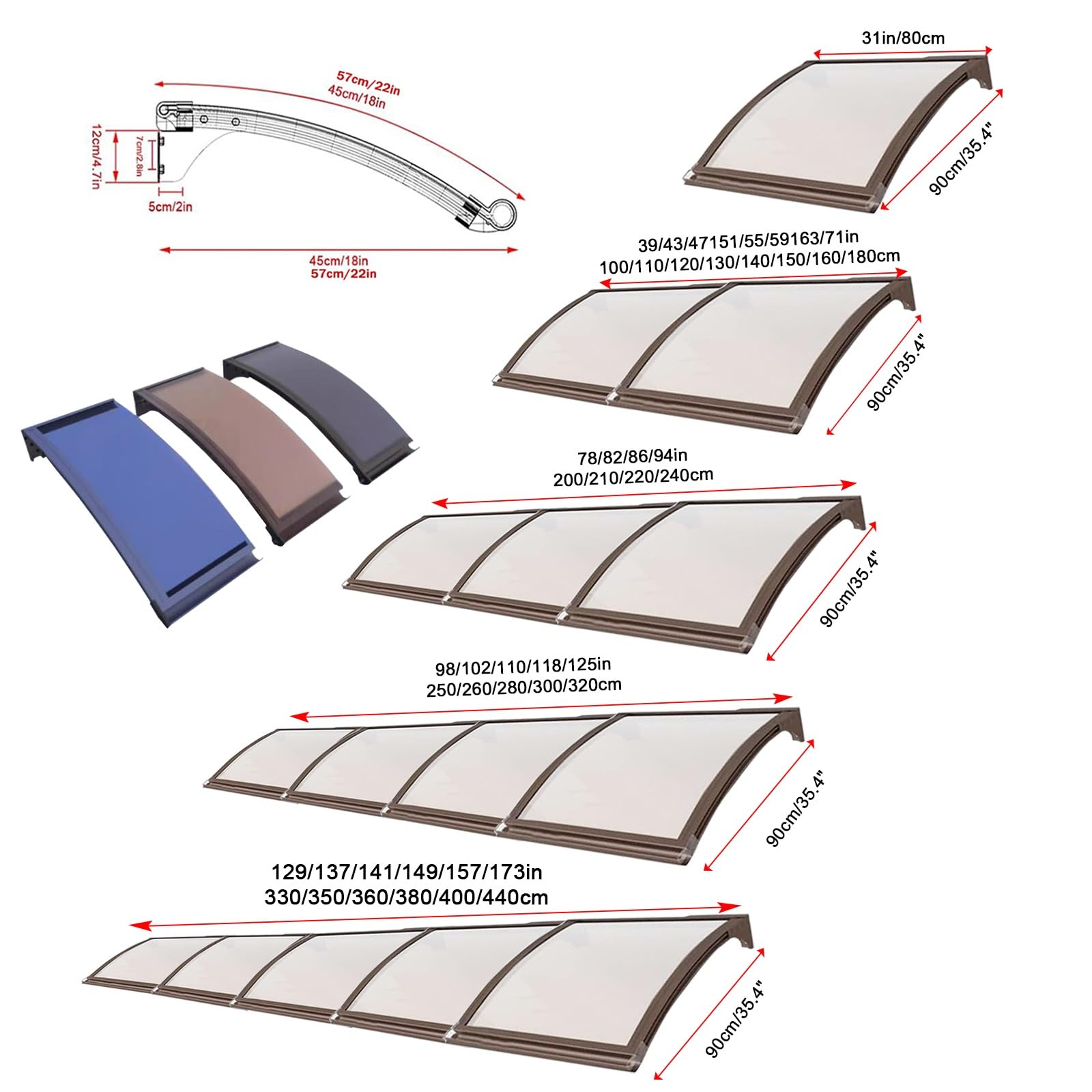 Türdach Pultbogenvordach aus Aluminium und Polycarbonat Transparent,Selbstreinigung Vordach for Haustür,Überdachung aus Aluminium und Polycarbonat(90x140cm/35.4x55in)