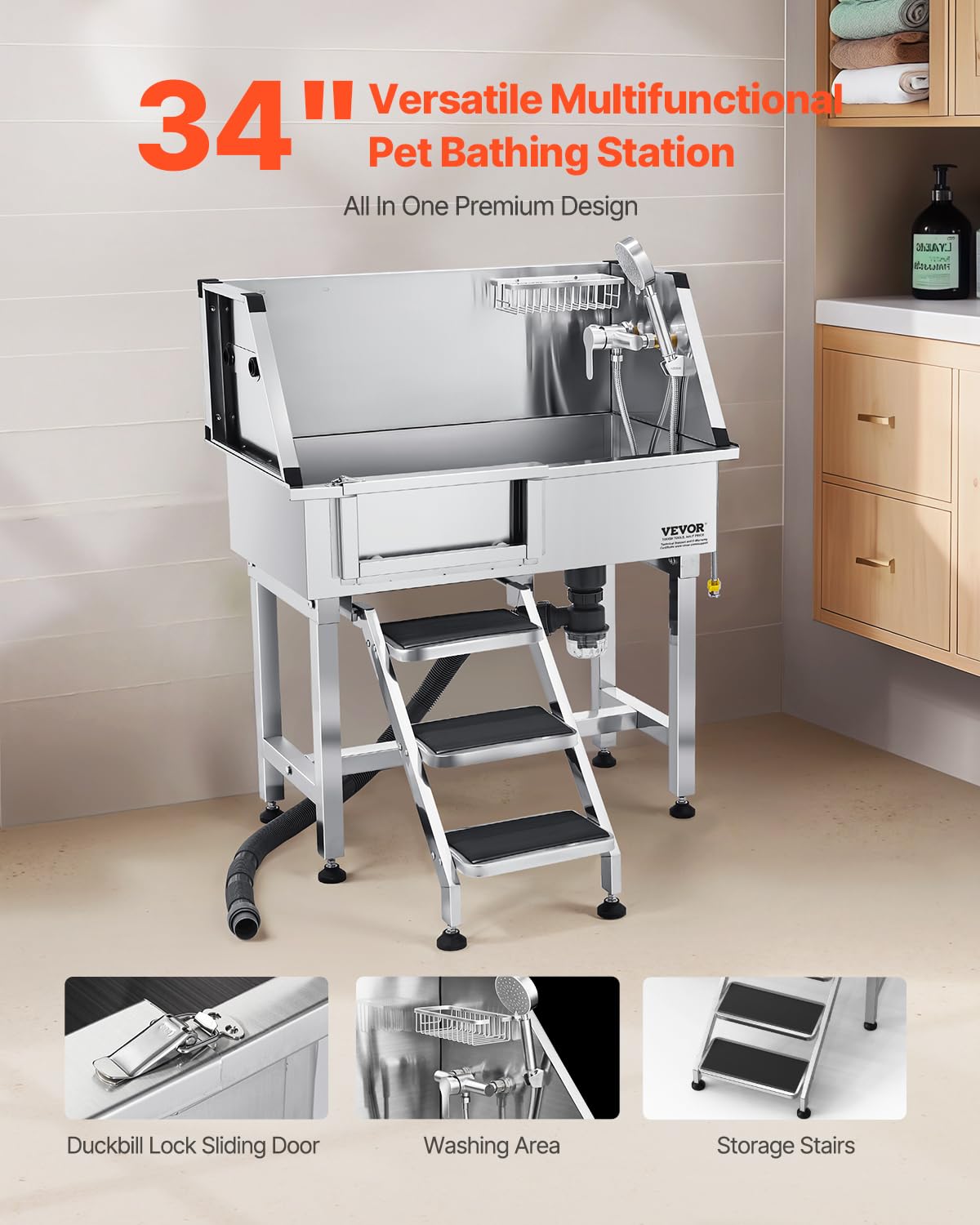 VEVOR Stainless Steel Dog Washing Station, 34 inch Pet Grooming Tub w/Storage Stairs, Faucet & Showerhead & Soap Holder Dog Bathtub, Pet Wash Station for Medium & Small Pets (Left Door)