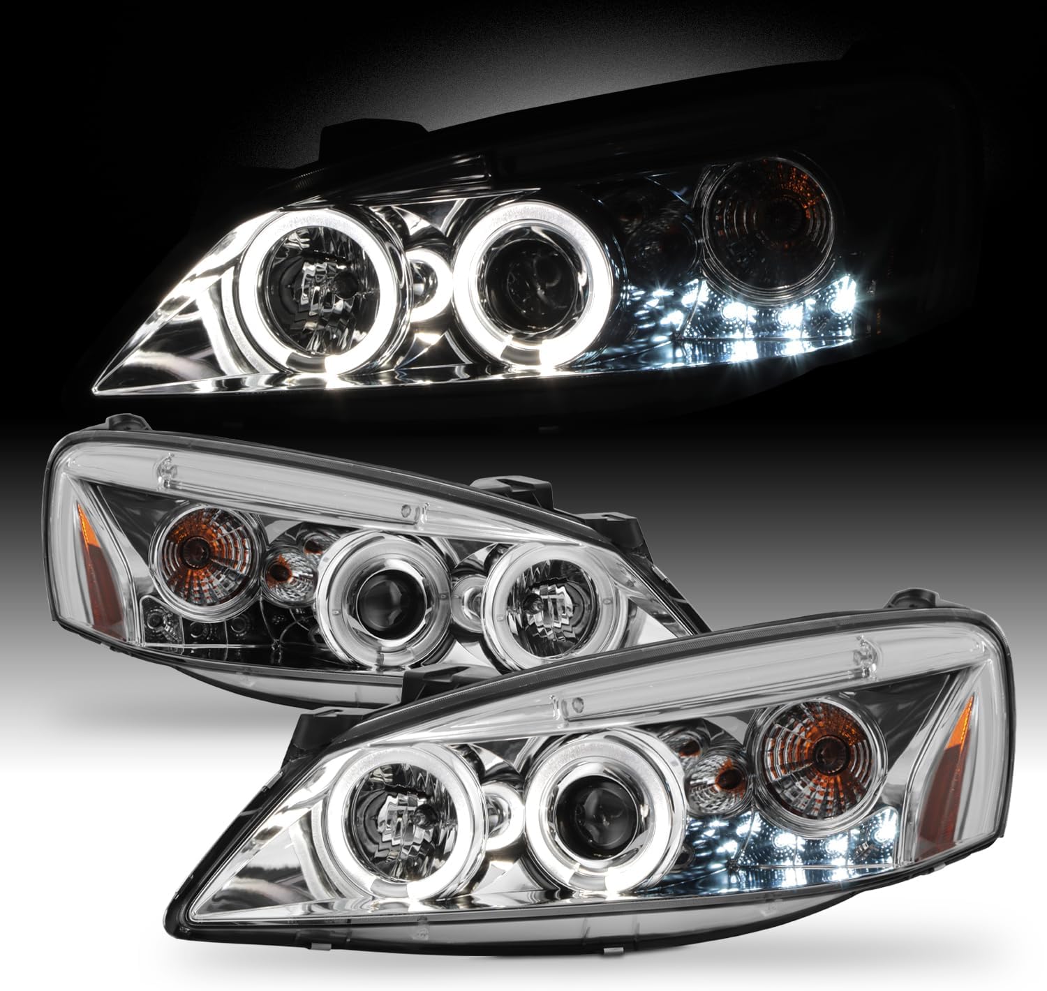 AKKON - For Pontiac G6 Chrome Clear Dual LED Ring Projector Replacement Headlights Front Lamps Left/Right Pair