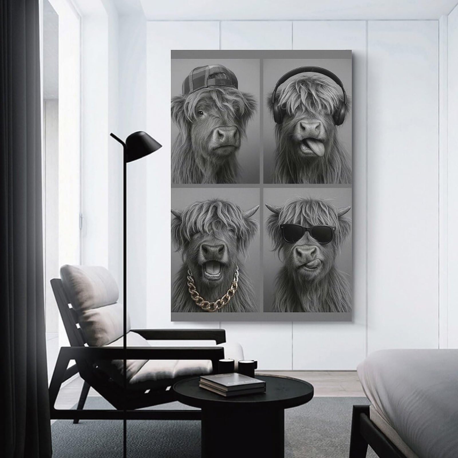 Junmoney Unframe-Style-8 Cool Cows In Monochrome Hanging Wall Art 24X36inch(60X90cm), For Small Homes, Bedrooms Or Open Spaces, Decorative Canvas Decor For Home Updates