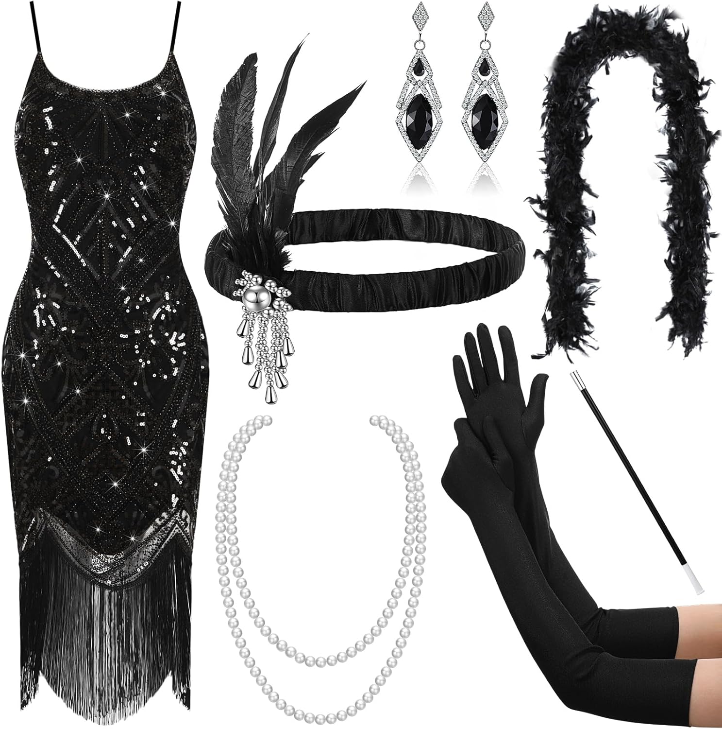 Shinymoon 1920s Flapper Costume Accessories Set for Women Flapper Headband Pearl Necklace Sequins Fringe Set for Party Outfit - Image 7