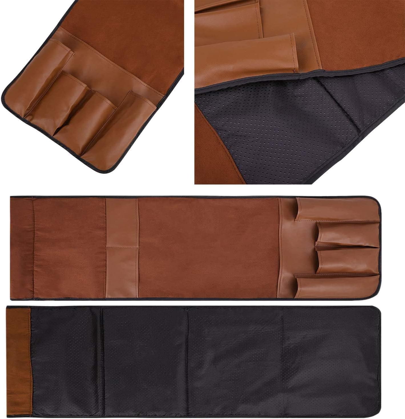 Double Layers Sofa Armrest Organizer Couch Remote Holder Armchair Recliner Bedside Caddy with 6 Pockets for Magazines, Books, TV Remote Control, Phone, Glasses (#A2-Brown(leather))