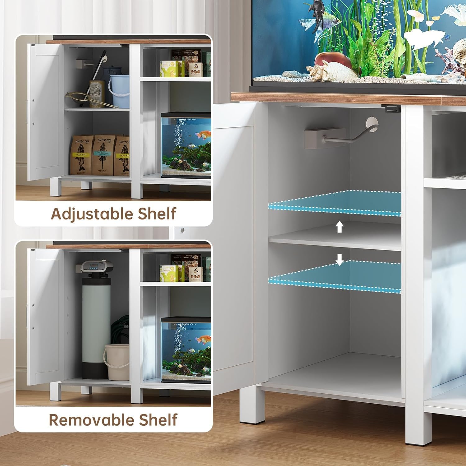 55-75 Gallon Aquarium Stand with Power Outlet, Heavy Duty Fish Tank Stand with Cabinet Storage & Adjustable Shelf, for Fish Tank, Turtle Tank, Reptile Terrarium, 1000LBS Capacity, Off White