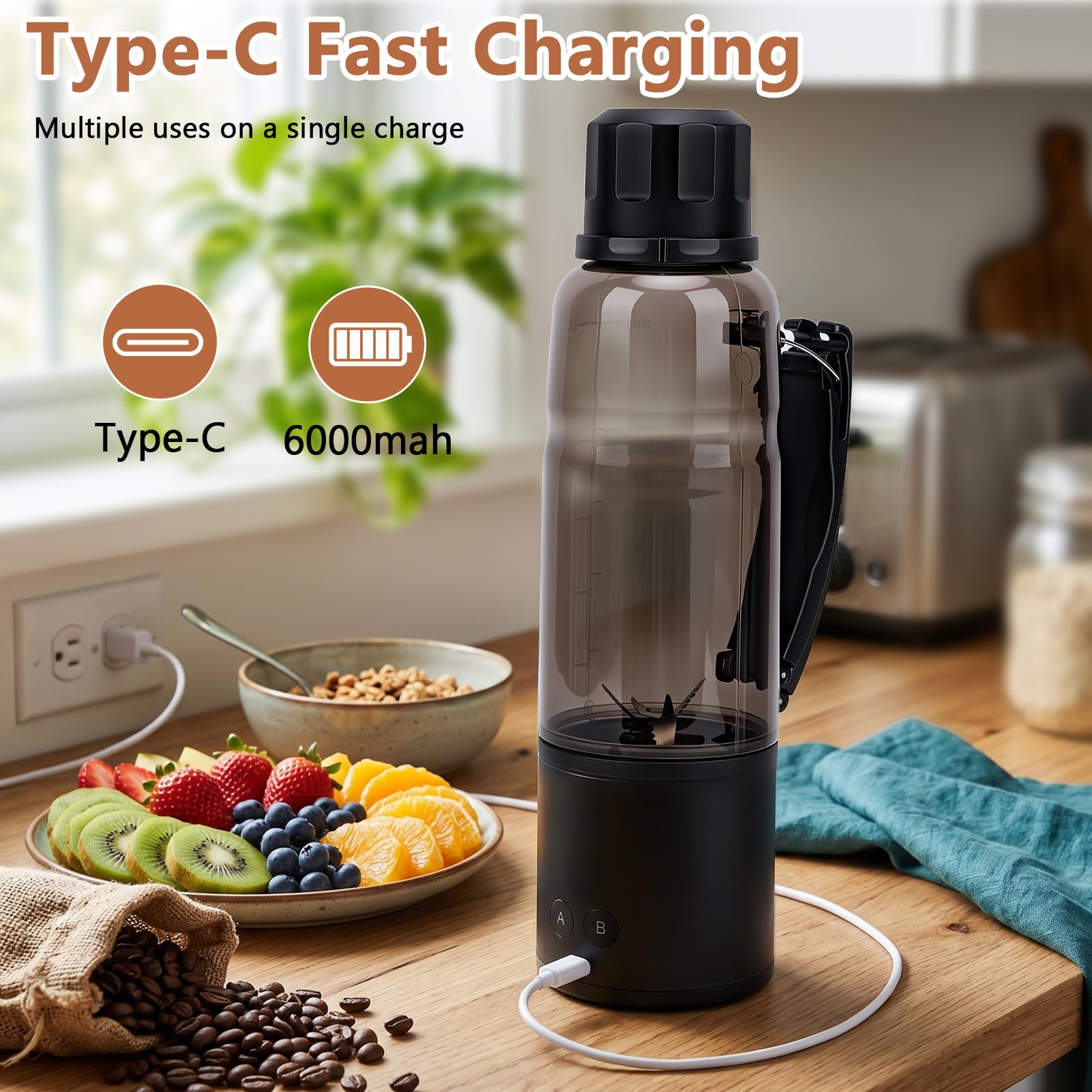 Gugxiom Batidora personal portátil de 20 oz, mini batidora de 20000 rpm, 3 en 1, batidos de leche, hielo triturado, granos de café molidos, USB-C recargable, para viajes, hogar, gimnasio y oficina