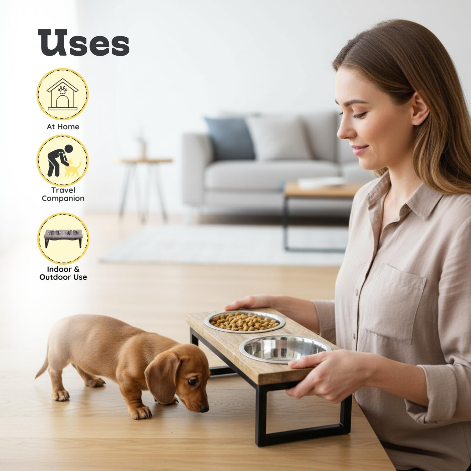 Elevated Dog Bowls, 4” Small Dogs & Cats Raised Bowl Mango Wood Stand, Food & Water 2 Stainless Steel Dishes Each 16oz/2Cup Capacity, Non-Slip Pet Feeder Station in Brown for Toy Breeds