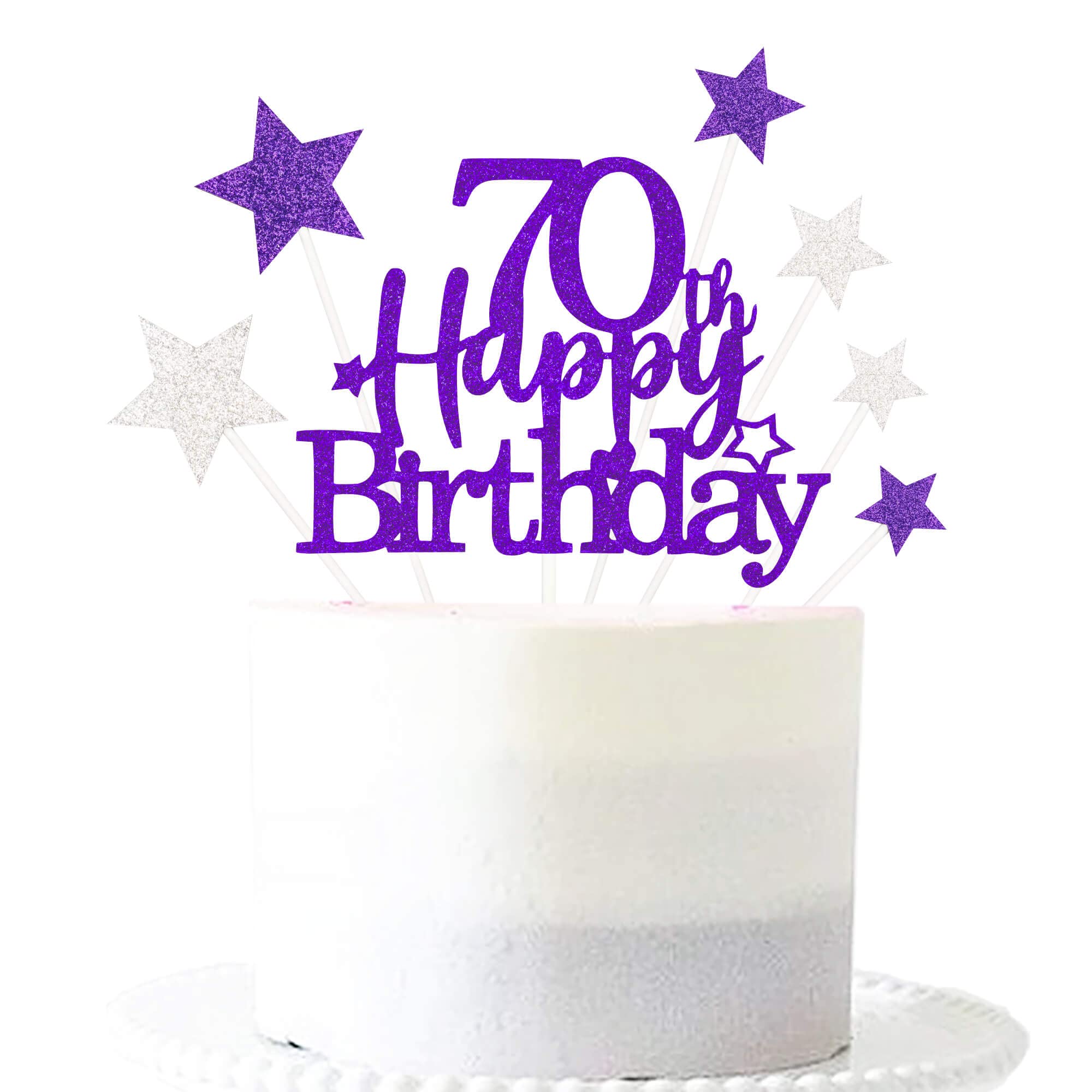 Glittery - Decoración para tartas de 70 cumpleaños con estrella, decoración personalizada para tartas de 70 cumpleaños, suministros de fiesta para hombres y mujeres, color morado y plateado
