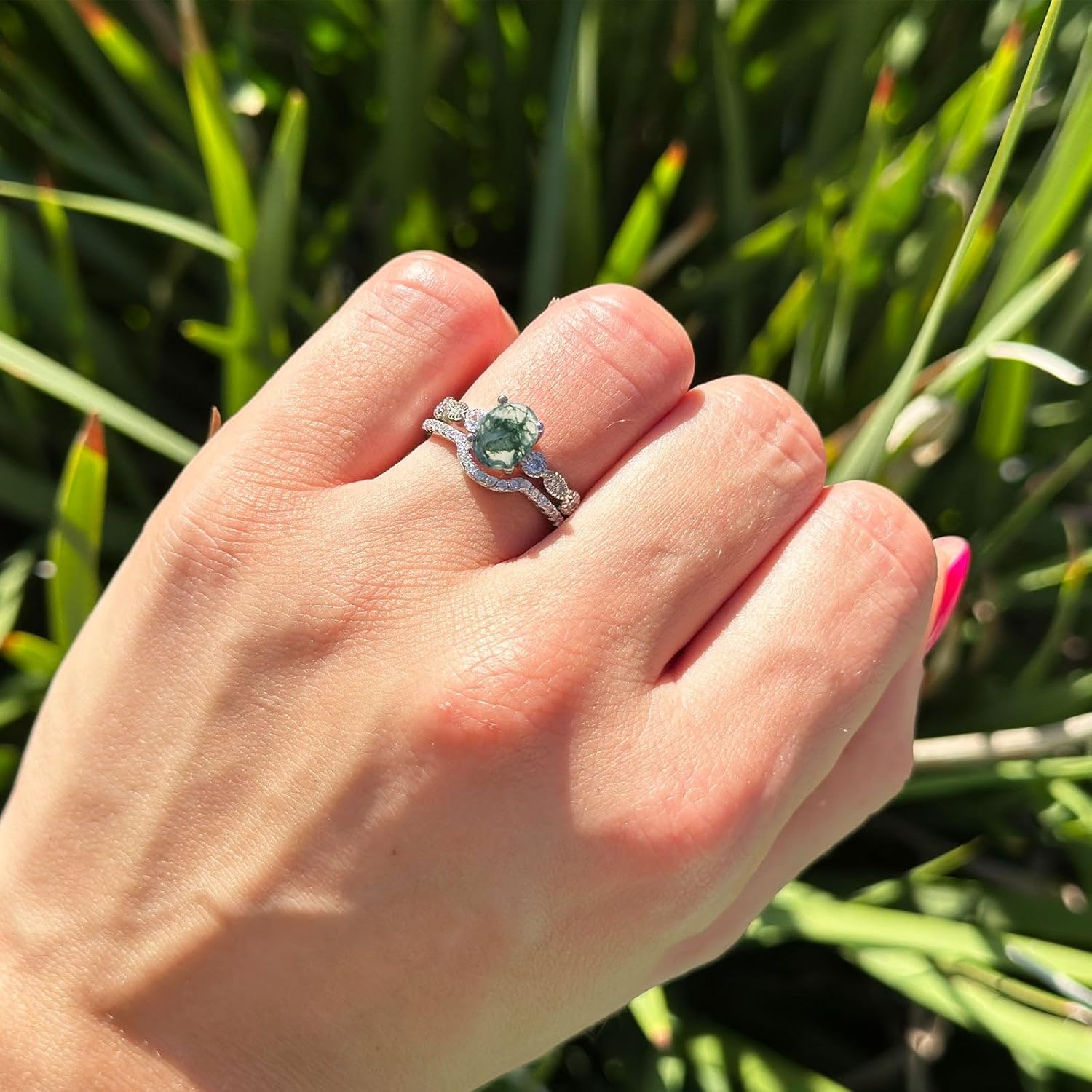 OMRANII Two Piece Oval Natural Green Moss Agate Solitaire Art Deco Ring Cubic Zirconia Bridal Wedding Set Engagement Rings For Women 925 Sterling Silver Gifts For Her