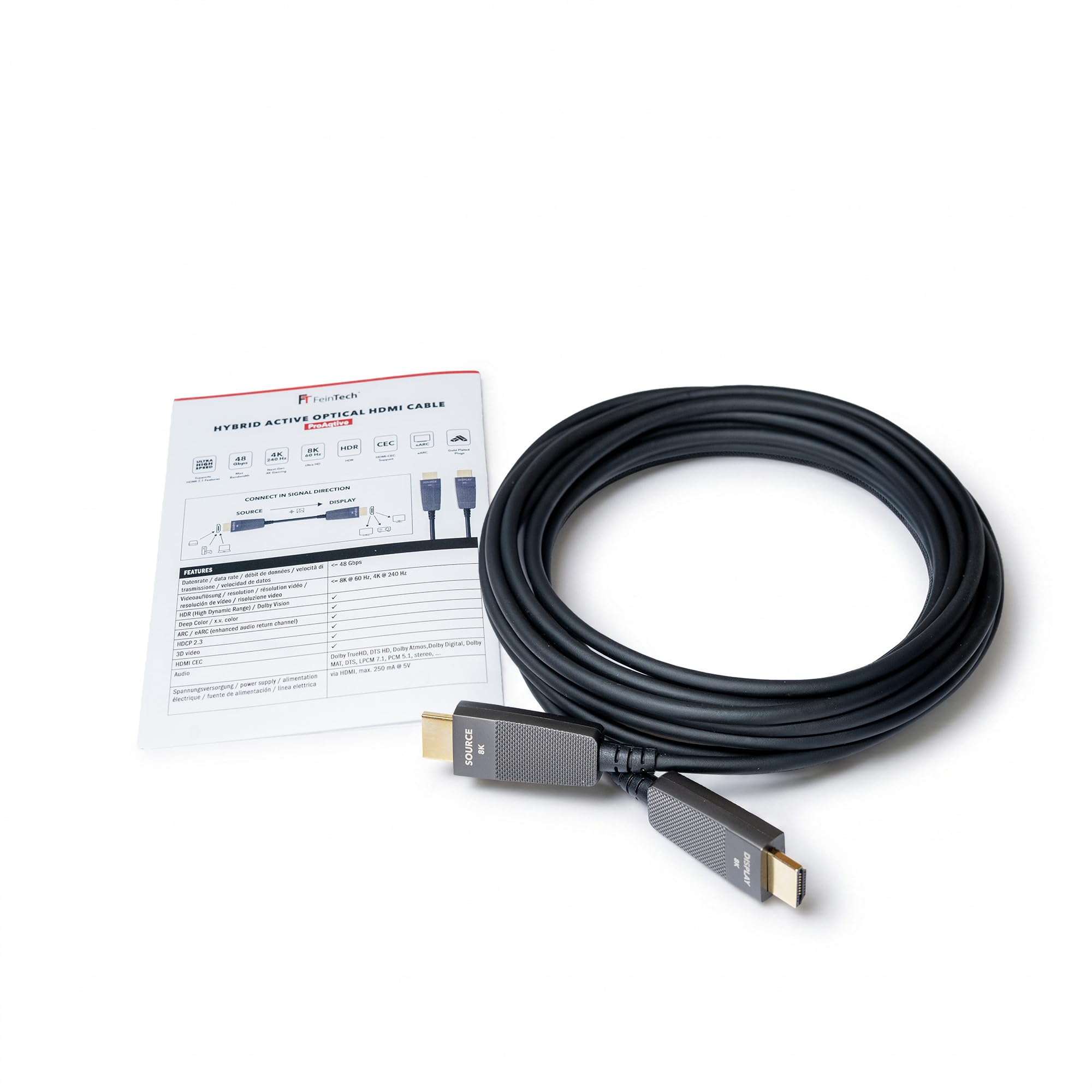 FeinTech ProAqtive - Cable HDMI de fibra óptica (10 m, fibra AOC, 8K, 60 Hz, 4K, 240 Hz, 48 Gbps, eARC CEC, compatible con TV, PC, Xbox, PS5)