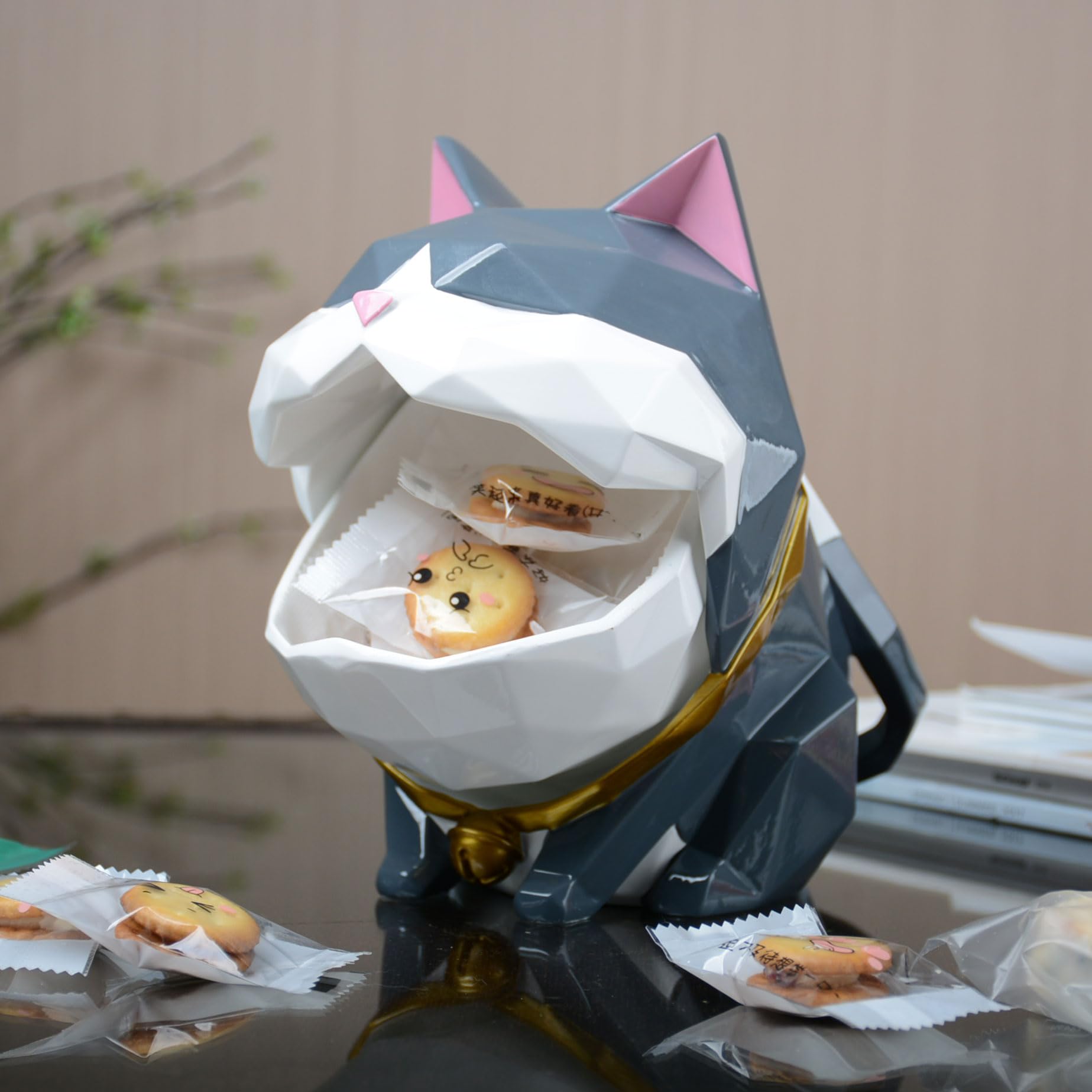 HAUCOZE Fermable Boite Biscuits Bonbons, Chat Statue Figurine Animal Sculpture Moderne Objet Décoratif Maison Cadeau pour Salon Rangement 19cm