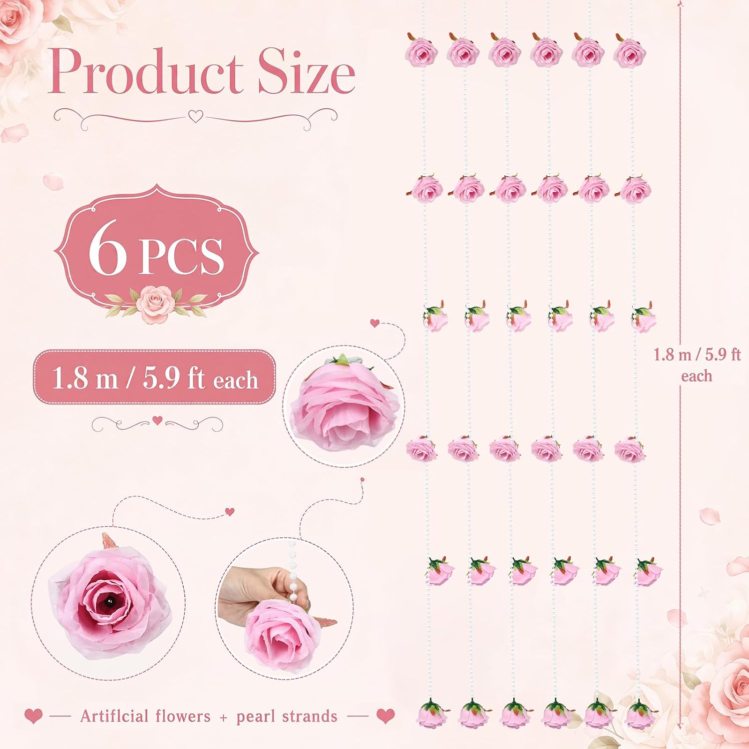 SiliFine 6 Pcs 35.4 ft Wedding Pearls Hanging Flower Garlands Strings Pink