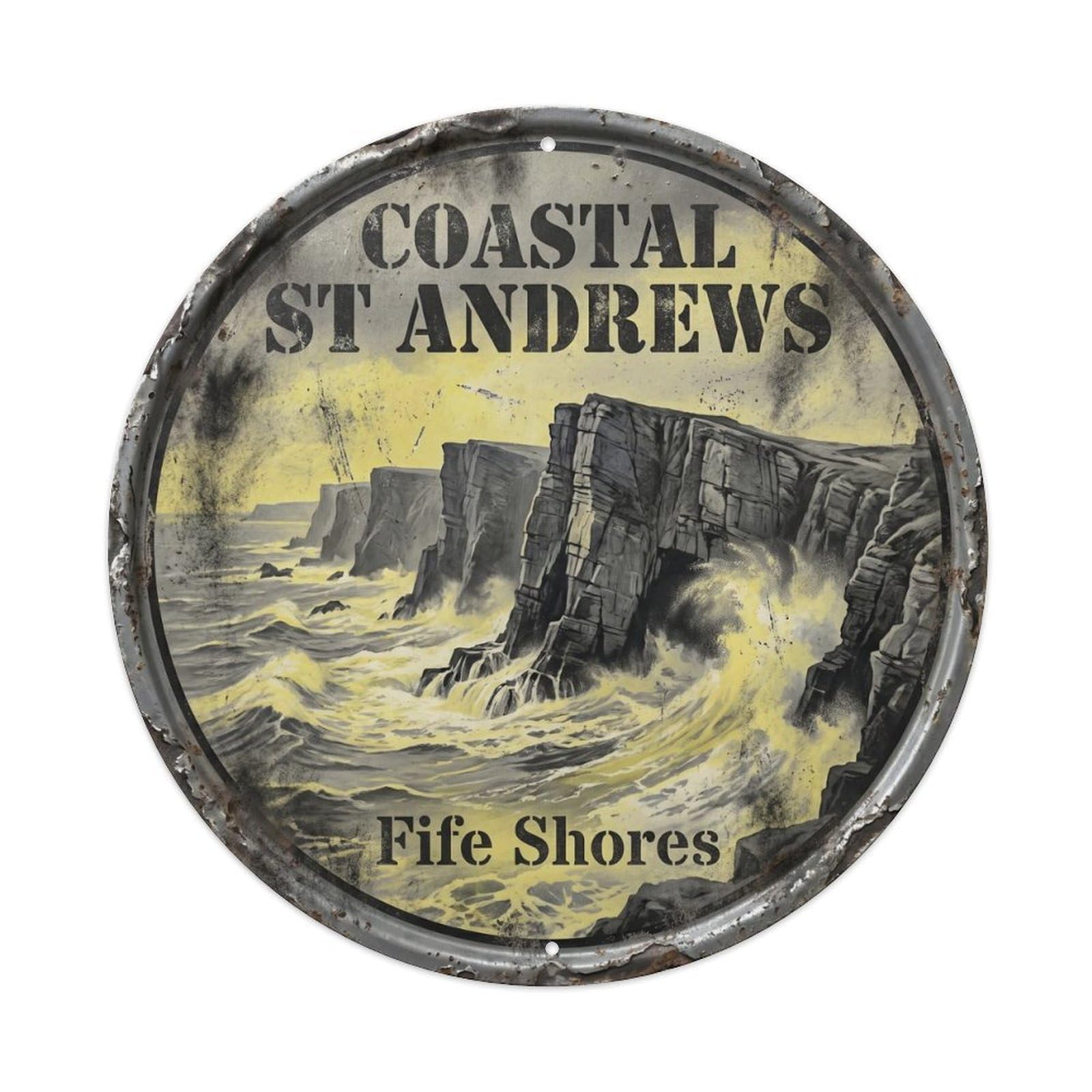 Cmhok Vintage Style-15 Vintage Travel Andrews Coast Scotland Artwork Metal Tin Sign Plaque Wall Decor For Cafe, Club, Garden Round Metal Poster 8X8inch