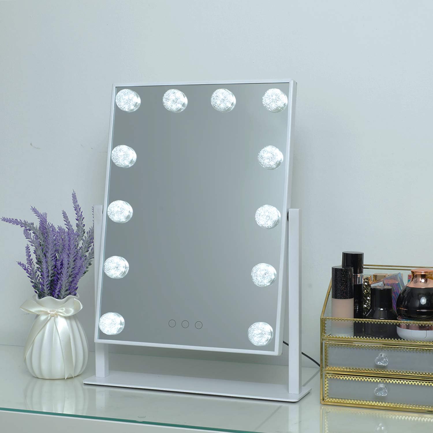 Makeup Mirror with Lights, Lighted Vanity Mirror with 12 LED Bulbs, Touch Dimmer and 3 Color Lighting, 360 Degree Rotary Design, White(13.9X18.5 inch)