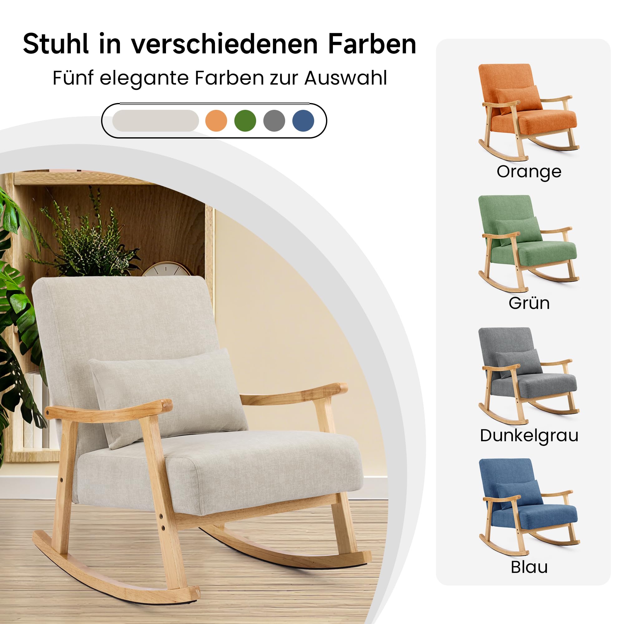 Schaukelstuhl, Schaukelsessel mit Lendenkissen, Stillsessel für Babyzimmer und Erwachsene, Stillstuhl mit Massivholzgestell, Rocking Chair für Wohnzimmer und Schlafzimmer,Hellgrau
