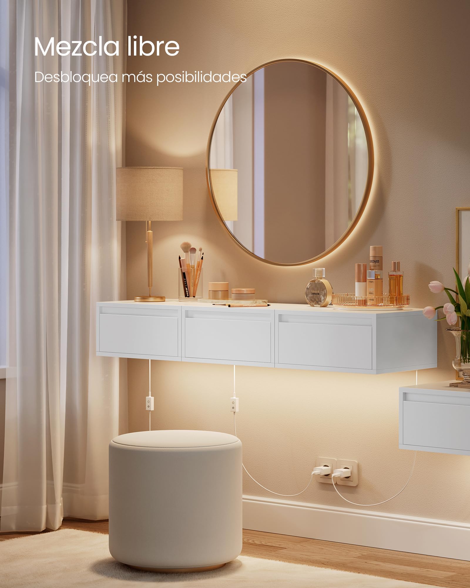 VASAGLE Kailyn Colección - Mesita de Noche Colgante, Luz con 3 Pantallas, Estante de Pared con Cajón, 35 x 40 x 18 cm, Estilo Moderno, Sala de Estar, Dormitorio, Blanco Nube LET654W01
