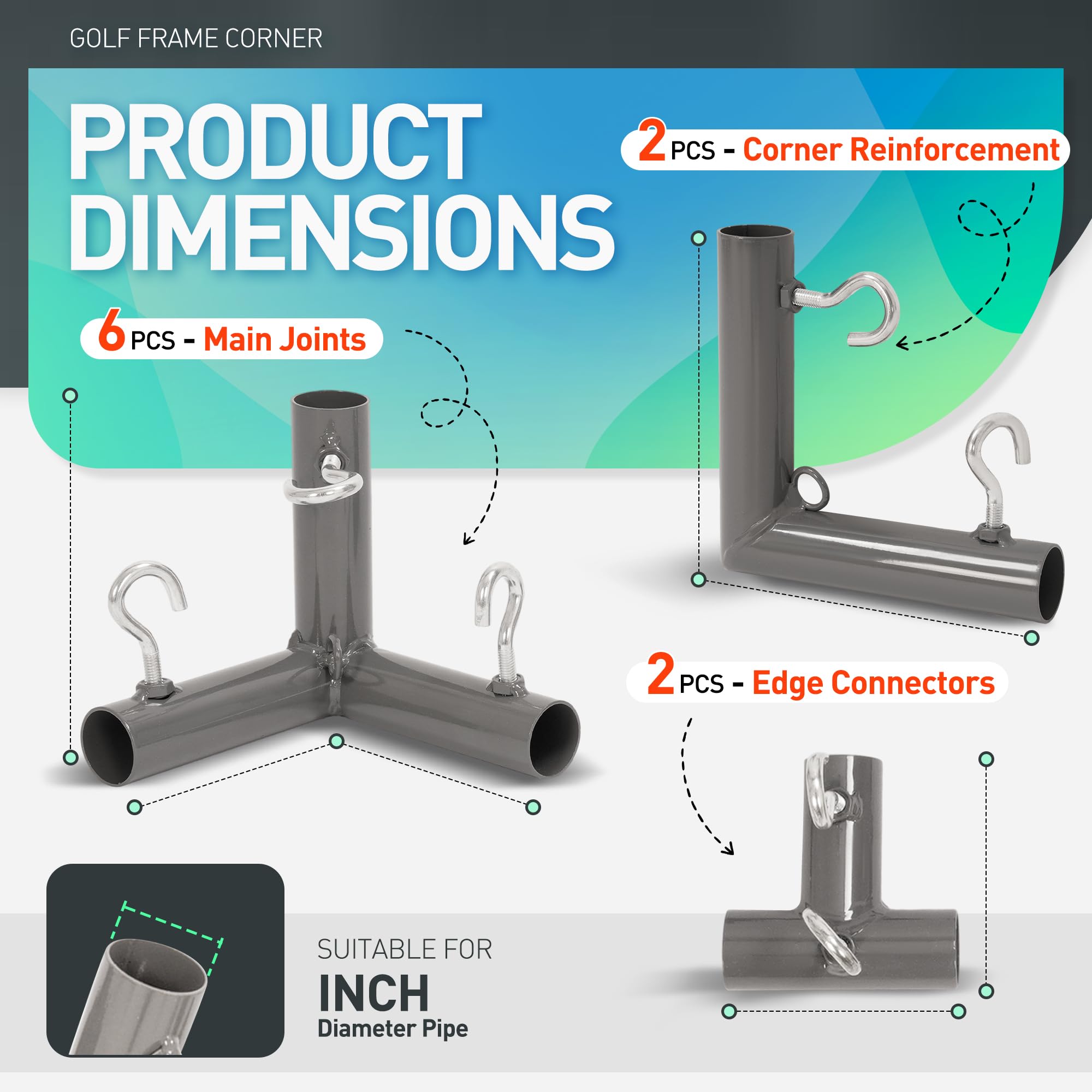 Gelacie Golf Frame Triple Corner Bracket Powder Coated 10 Piece Kit with Threaded Eye-Bolts for Golf Practice Cage Nets, Backyard, Indoor, Outdoor, Home Gray Color