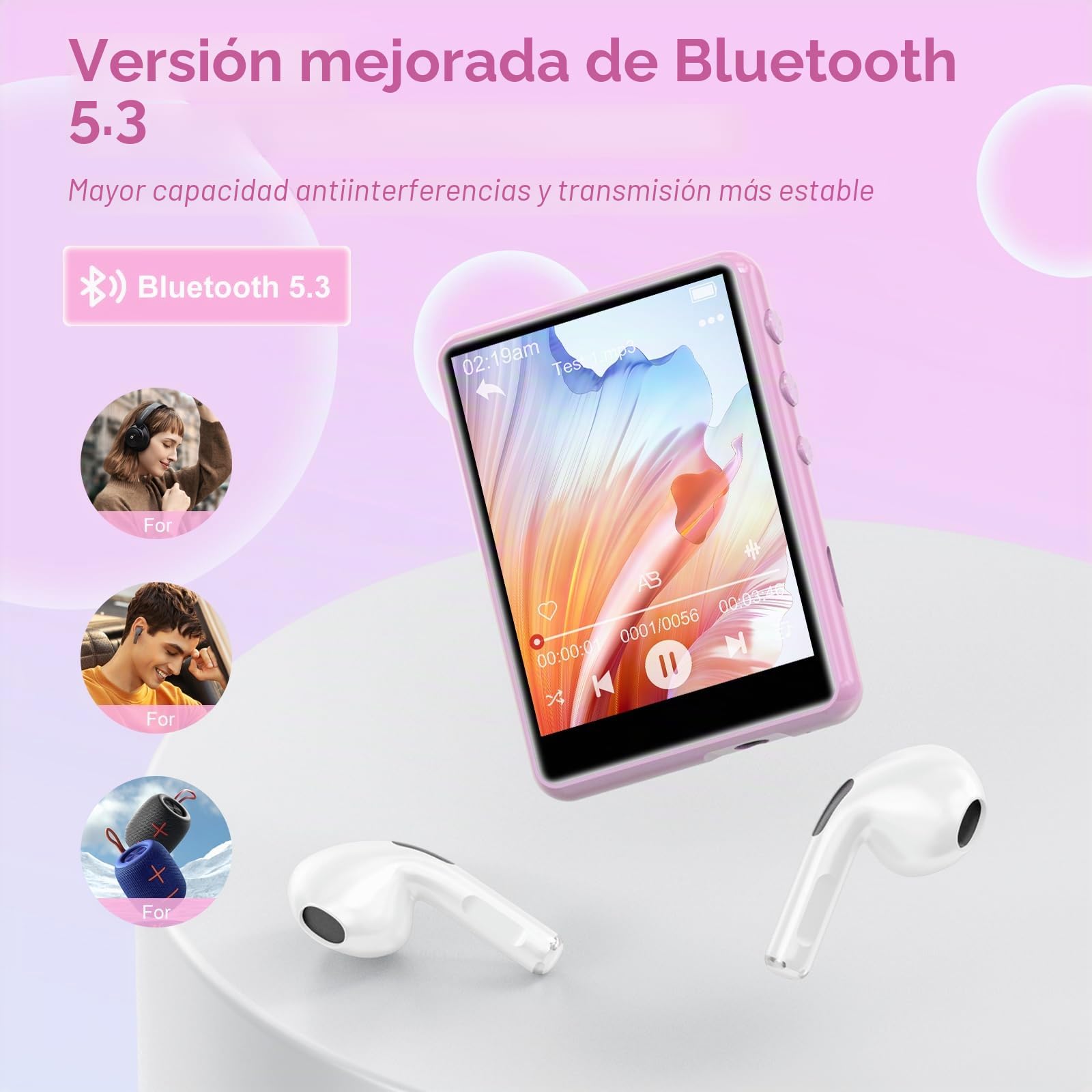 64 GB Reproductor MP3 Bluetooth 5.3, 2,4" Ecrã Tátil MP3 Reproductor Portátil com Altifalante Interior, Gravador De Voz, rádio FM, Suporte até 128GB (Rosa)