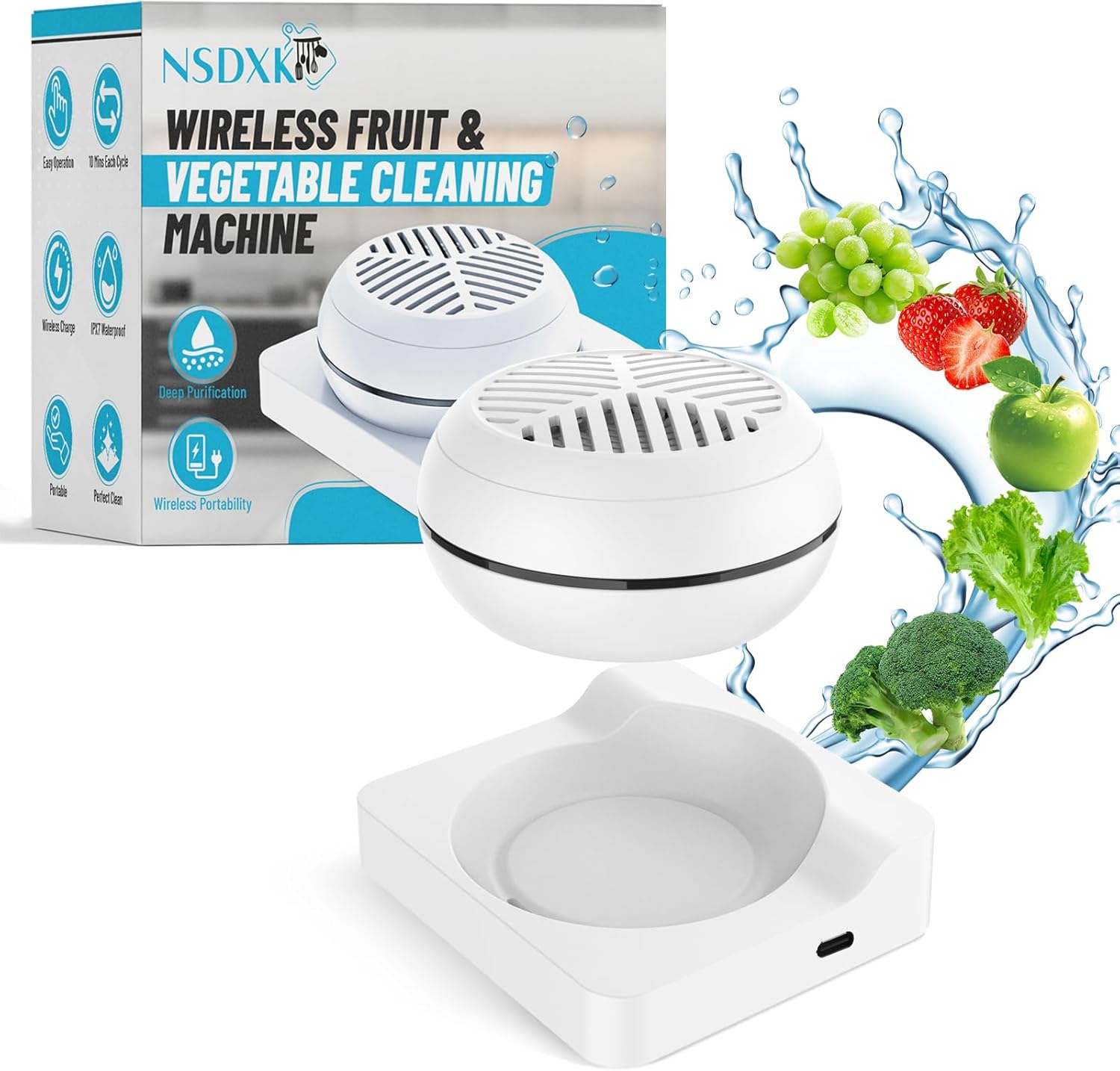 Fruit and Vegetable Washing Machine, Fruit Vegetable Cleaner Device, Portable USB Wireless Veggie Wash with Purification Technology, for Washing Fruits, Vegetables, Rice, Meat White