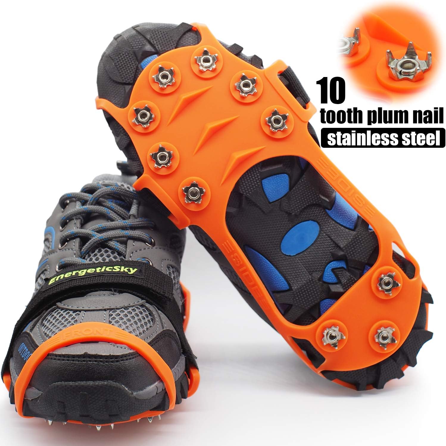 Crampons-10 Teeth Stainless Steel Anti Slip Ice Cleats,Micro Spikes Ice Snow Grips Traction Cleats System Safe Protect for Walking,Suitable for Walking on Ice,Jogging or Daily Life use. (Orange, L)