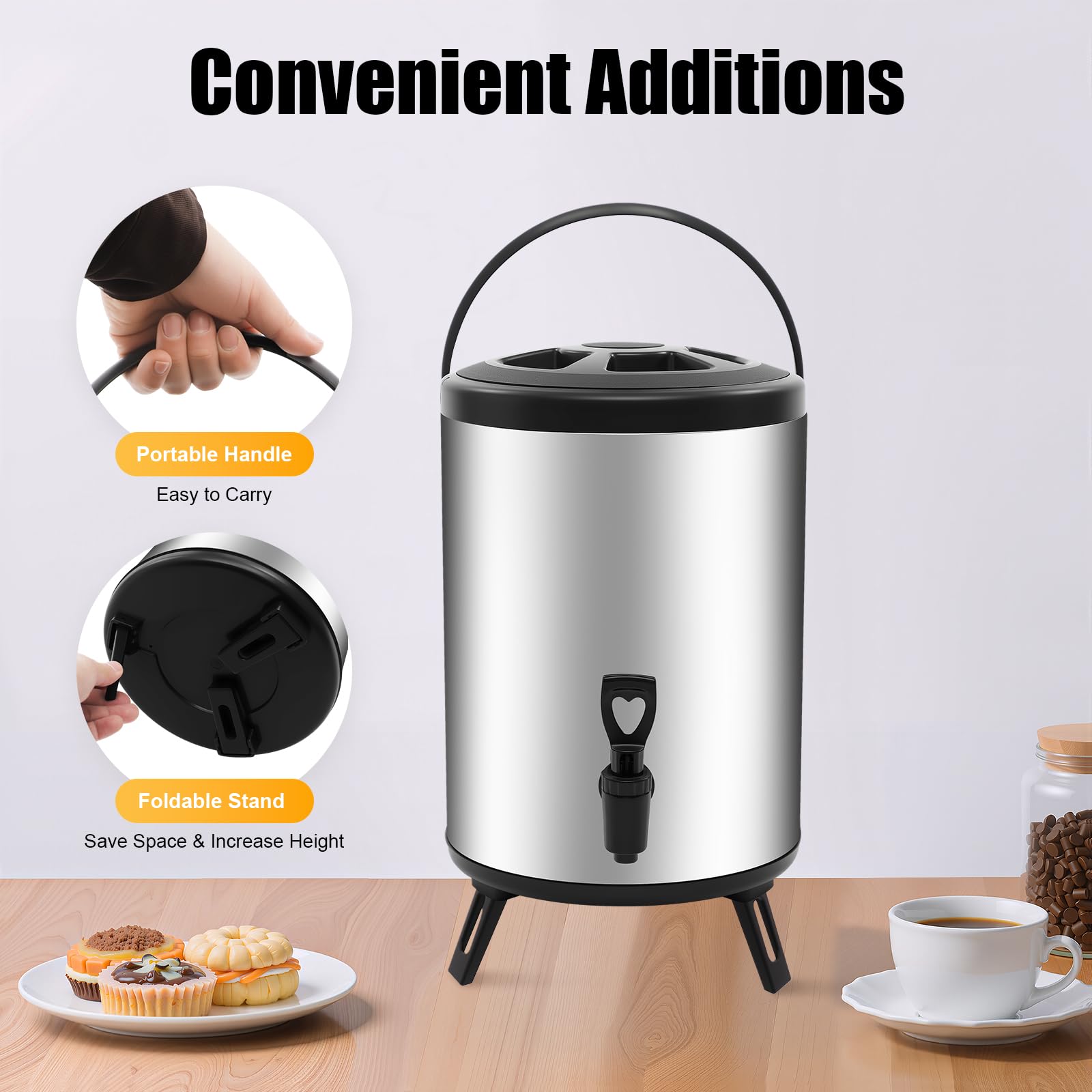 Distributore di bevande calde e fredde con isolamento in schiuma PU, dispenser da tavolo autoportante con supporto pieghevole, capacità interna da 4,5 l, portatile, per caffè, tè, zuppa, commerciali e