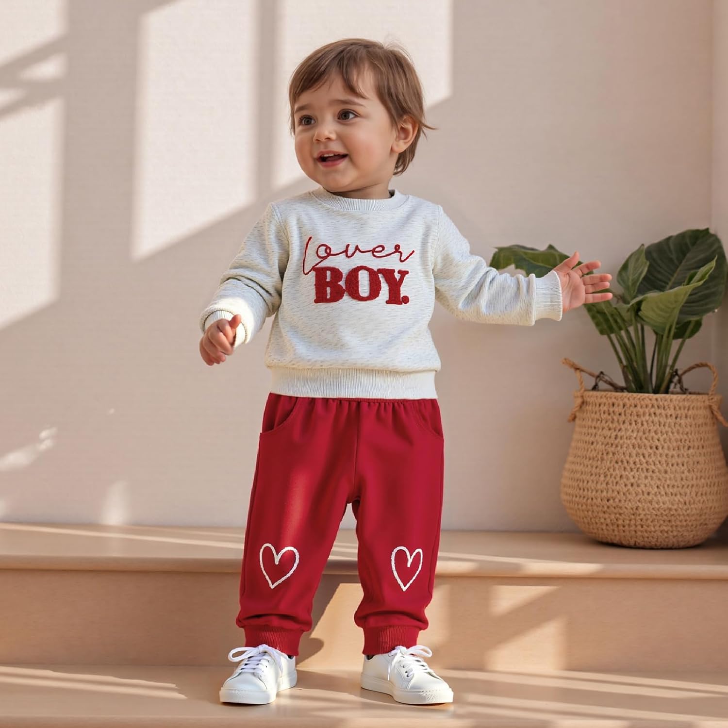 Karuedoo Toddler Baby Boy Valentines Day Outfit Lover Boy Embroidery Crewneck Sweatshirt and Pants Set Spring Clothes - Image 4
