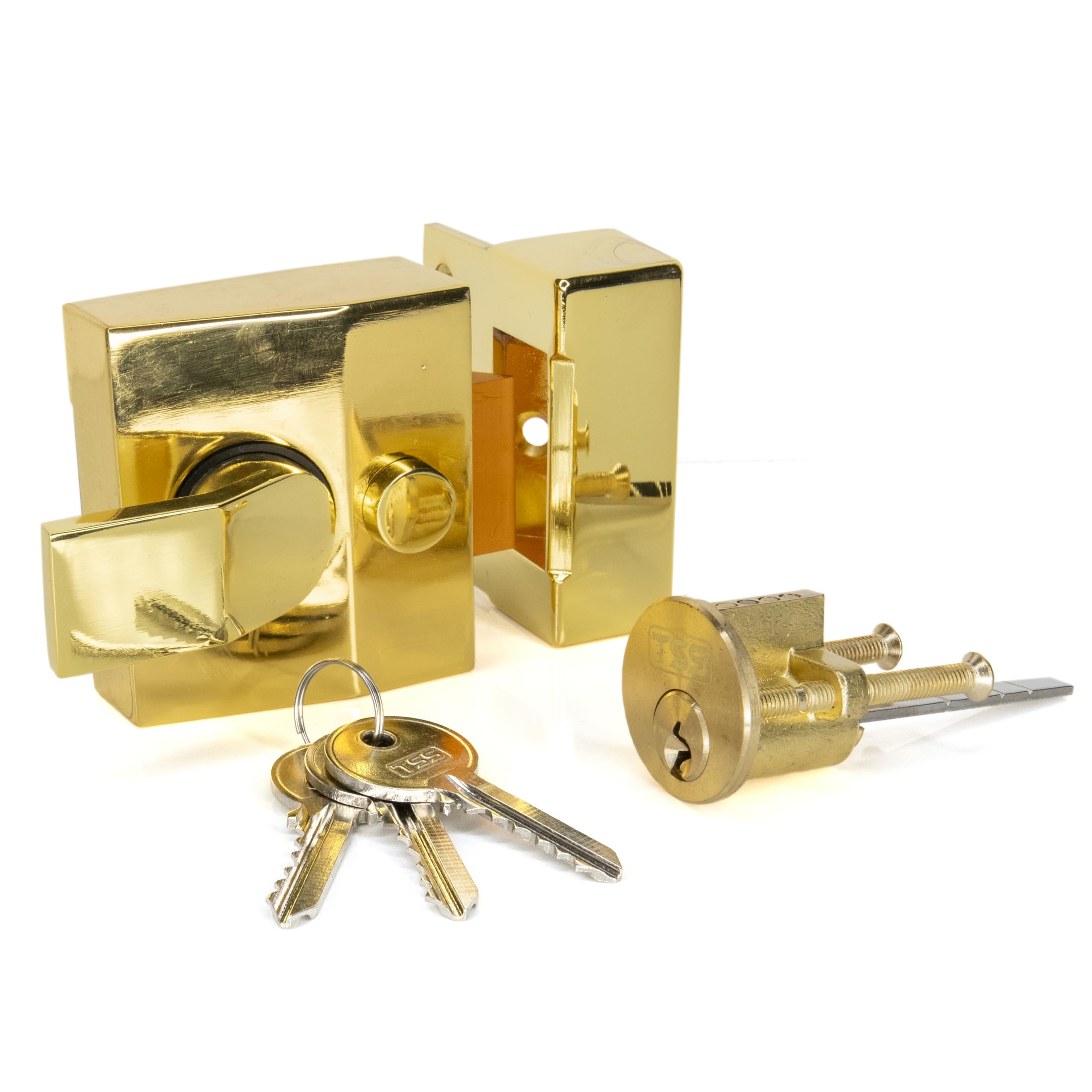 TSS Modern Deadlocking Nightlatch, 40mm Backset, Complete with Rim Cylinder Lock Supplied with 3 Keys. External Door Lock for Front Door and Back Door. (Polished Brass Lock/Brass Cylinder)
