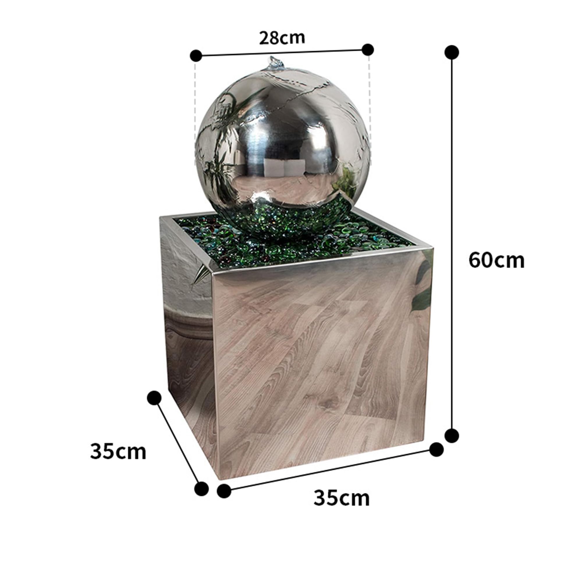 Köhko® Springbrunnen Ø 28 cm mit LED-Beleuchtung in eckigen Edelstahlbecken hochglanzpoliert 21015 Gartenbrunnen aus Edelstahl