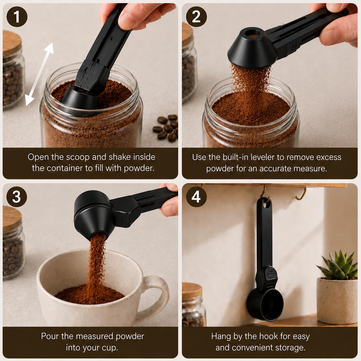 Cucchiaio Dosatore Proteine con Imbuto, Misurino Polvere 30ml (~15g Caffè), Cucchiaio Dosatore per Whey, Caffè e Capsule, Manico 19cm Anti-Scivolo